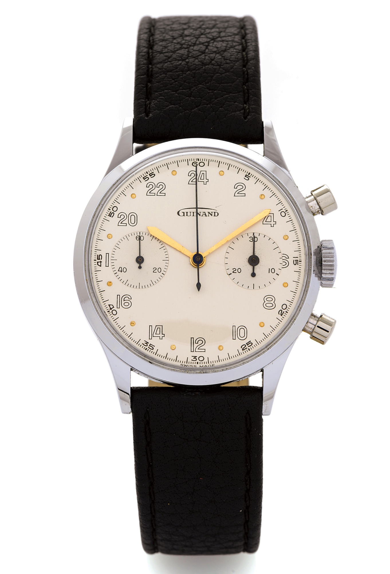GUINAND 24-HOUR CHRONOGRAPH 
Guinand/Gallet, Chronograph. Made in the 1960's. 
Fine, water-resistant, stainless steel, wristwatch with 
24-hour dial, round button chronograph and register.