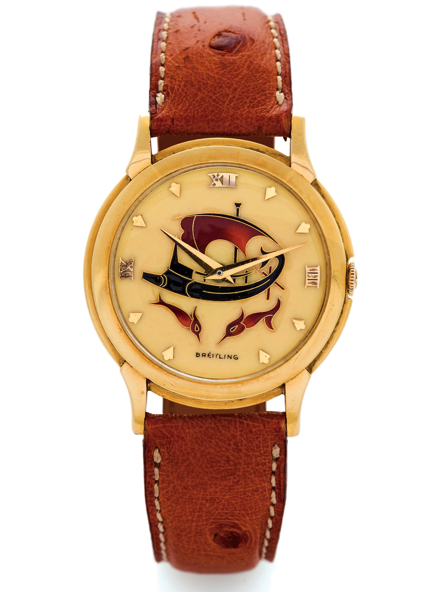 BREITLING - CLOISONNE ENAMEL DIAL - DIONYSIUS & DOLPHINS
Breitling, "Cloisonne Enamel Dial - Dionysius & Dolphins", case No. 608617, Ref. 1216-19. 
Made in 1952.
Very fine and extremely rare, 18K yellow gold wristwatch with cloisonné enamel on gold dial.