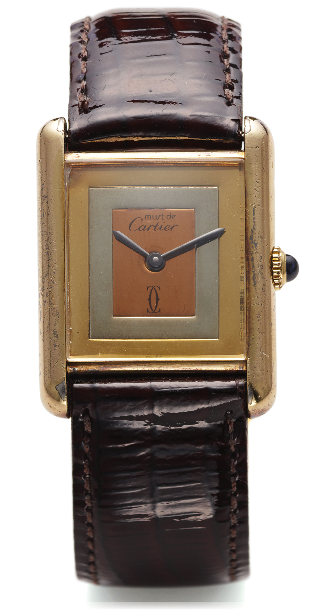 CARTIER TANK STERLING SILVER GOLD PLATED 
Must de Cartier, Paris, Tank, case No. 6 187379. Made in 
the 1980's. 
Fine, manual winding, rectangular, gold-plated sterling 
silver wristwatch. 
Dial, case, and movement signed.