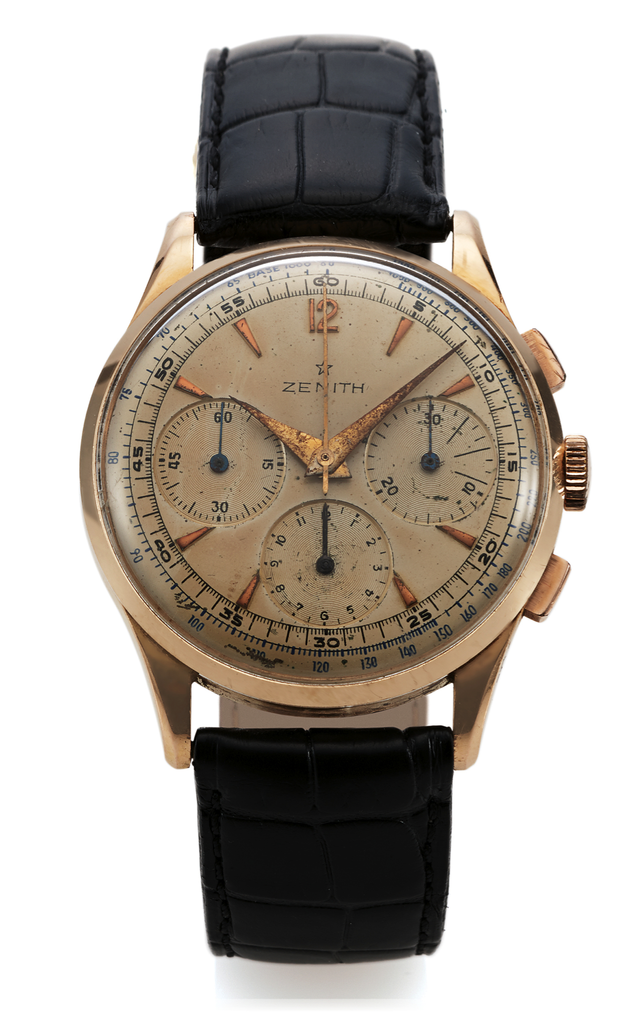 ZENITH CHRONOGRAPH YELLOW GOLD 
Zenith, case No. 128360, Ref. 20528. Made in the 1940s. 
Fine, oversized, manual winding, 18K yellow gold wristwatch with rectangular button chronograph, registers and tachometer.