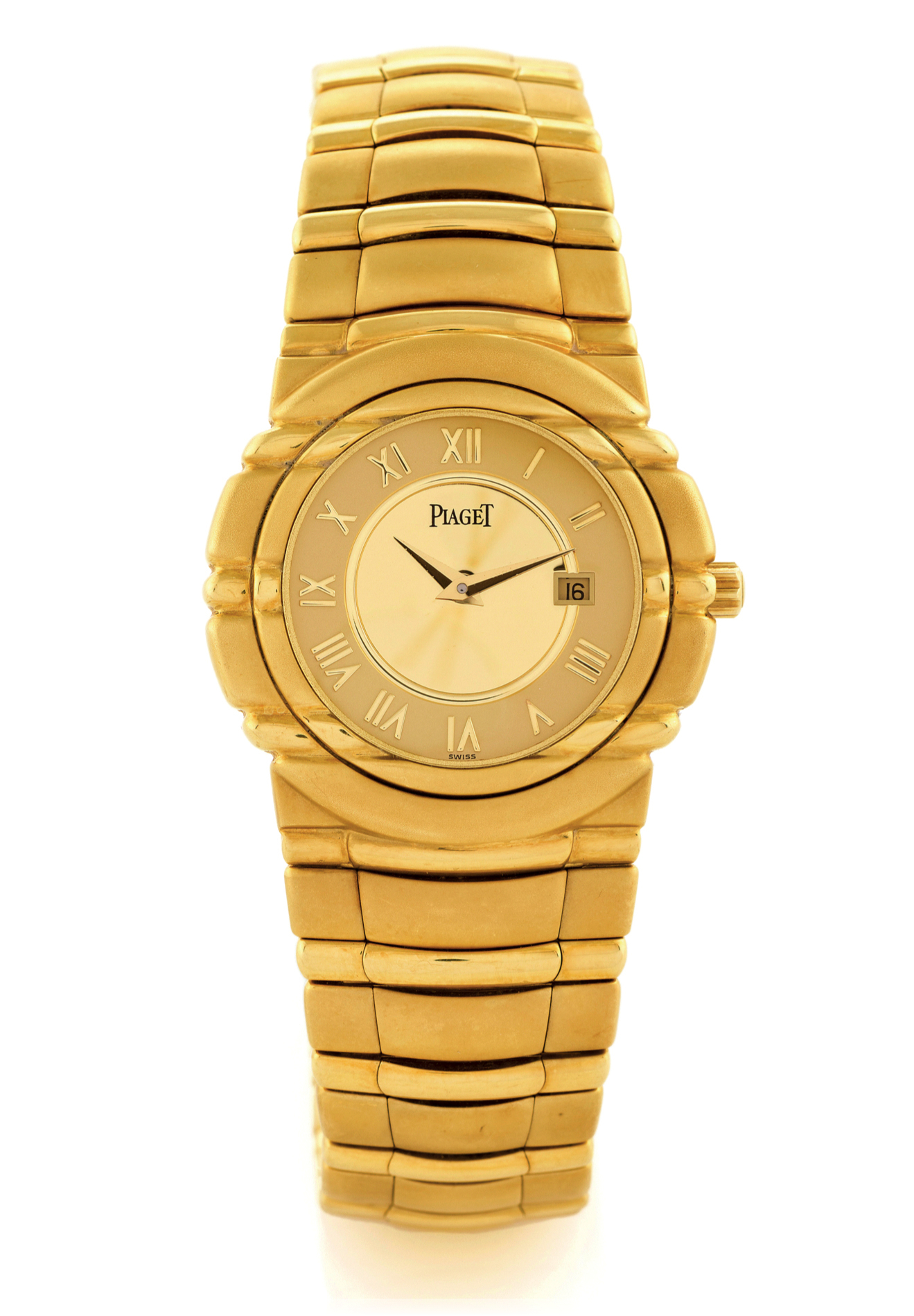 PIAGET REF. 17041 TANAGRA YELLOW GOLD
Piaget, "Tanagra," case No. 630073, Ref. No. 17041. Made circa 2000. 
Fine, water-resistant, heavy 18K yellow gold quartz wristwatch with 
date and an integral 18K yellow gold Tanagra link bracelet with 
concealed double deployant clasp. Accompanied by the original 
fitted box and certificate.