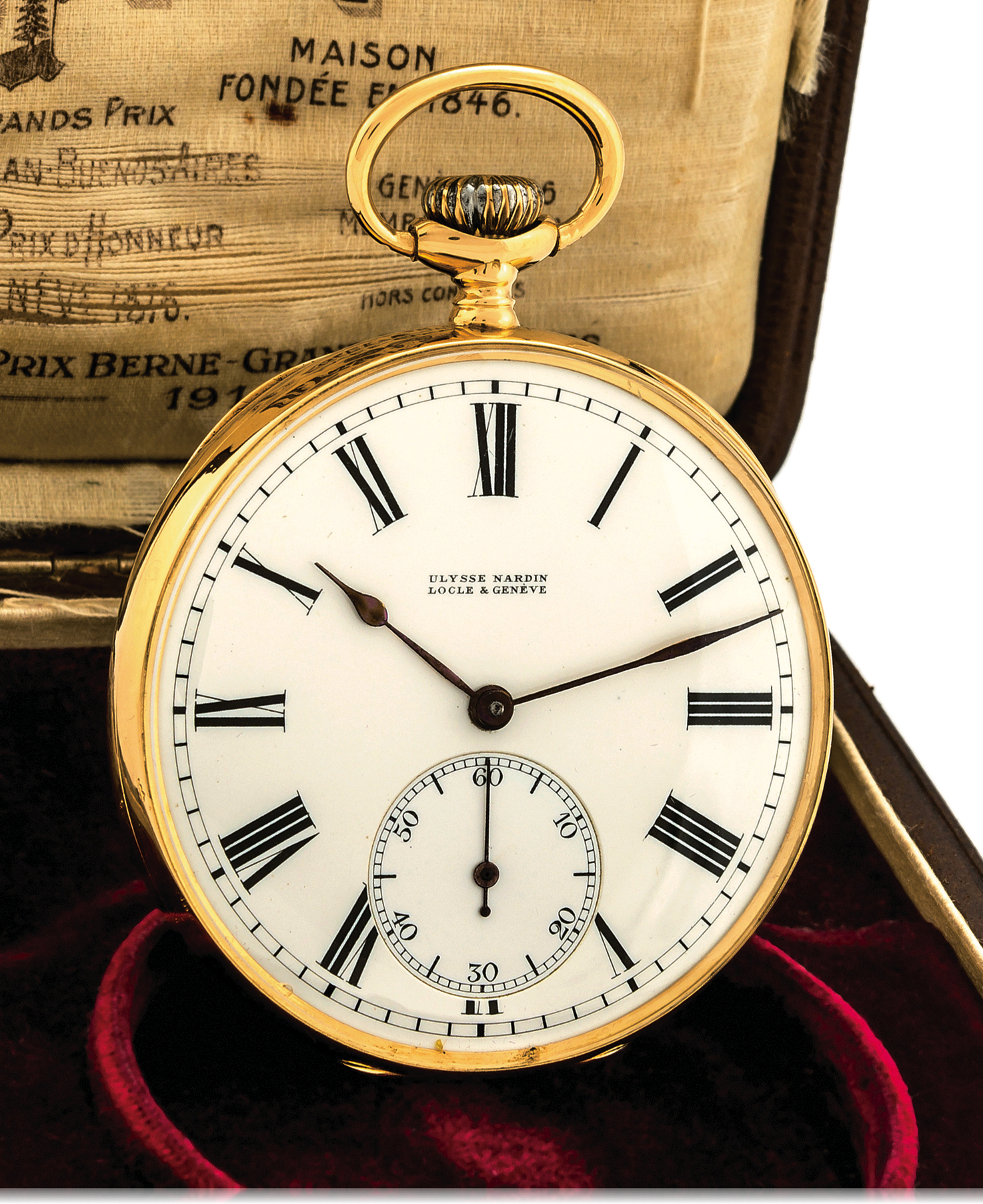 ULYSSE NARDIN POCKET WATCH 
ORIGINAL BOX YELLOW GOLD
Ulysse Nardin, Locle & Genève, movement No. 73006, case 
No. 340087. Made circa 1920. 
Fine, 18K yellow gold, keyless pocket watch. 
Accompanied by the original Ulysse Nardin fitted box.
Dial, case, cuvette and movement signed.