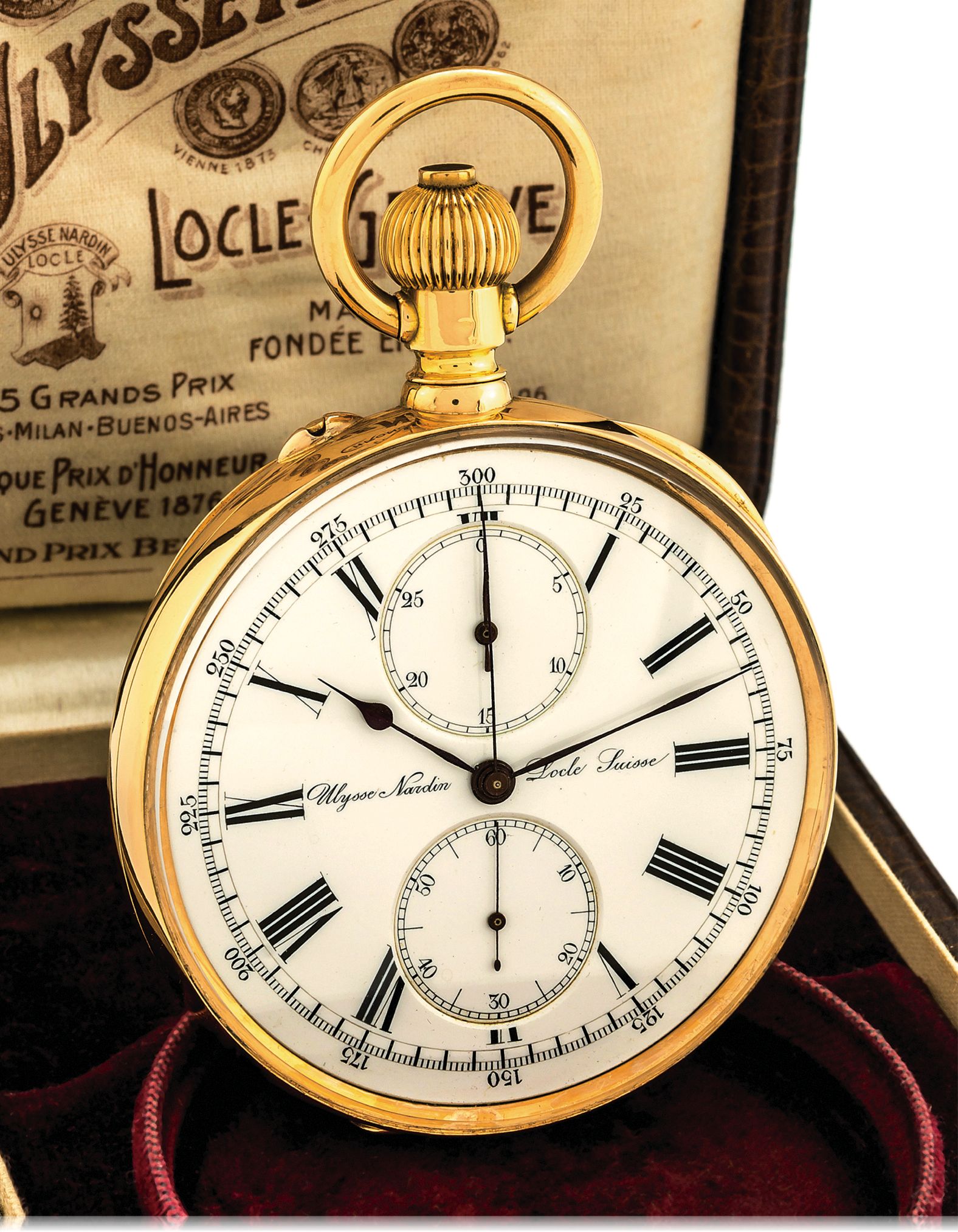 ULYSSE NARDIN CHRONOGRAPH YELLOW GOLD
Ulysse Nardin, Locle, Suisse, "Chronometre",No. 11027. 
Made circa 1900. 
Very fine and rare, large, 18K gold and enamel, keyless 
pocket watch with chronograph, progressive 30-minute 
register and Guillaume balance. Accompanied by the 
original Ulysse Nardin fitted leather covered box.
Dial, case, cuvette and movement signed.