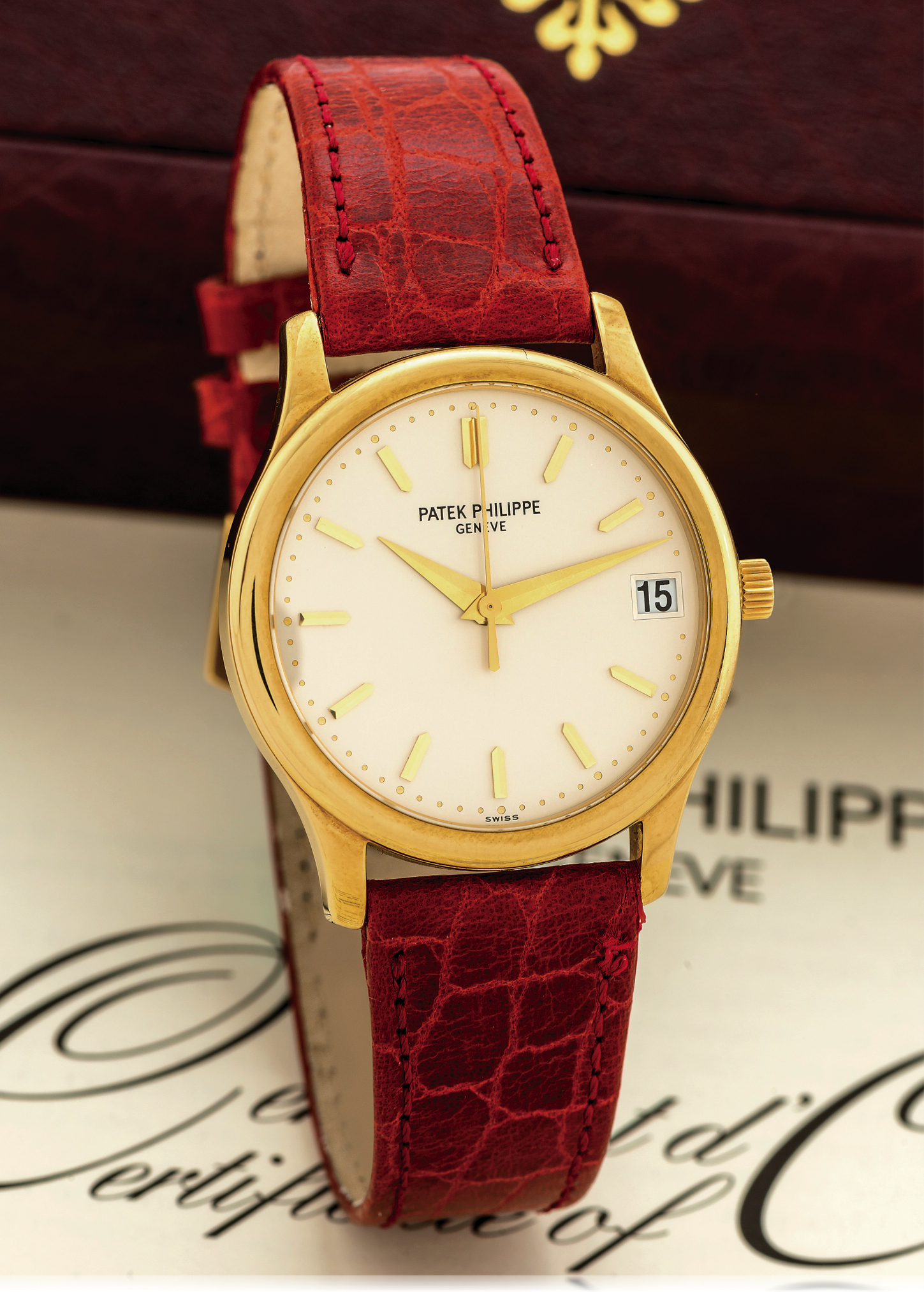 PATEK PHILIPPE REF. 3998J YELLOW GOLD 
Patek Philippe, Genève, "Calatrava", movement No. 3018272, 
case No. 4131383, Ref. 3998J. Sold on September 28th, 2001. 
Very fine, center-seconds, self-winding, water-resistant, 18K 
yellow gold wristwatch with date and an 18K yellow gold 
Patek Philippe buckle. Accompanied by a Patek Philippe box, 
hang-tag, Certificate of Origin and booklets.