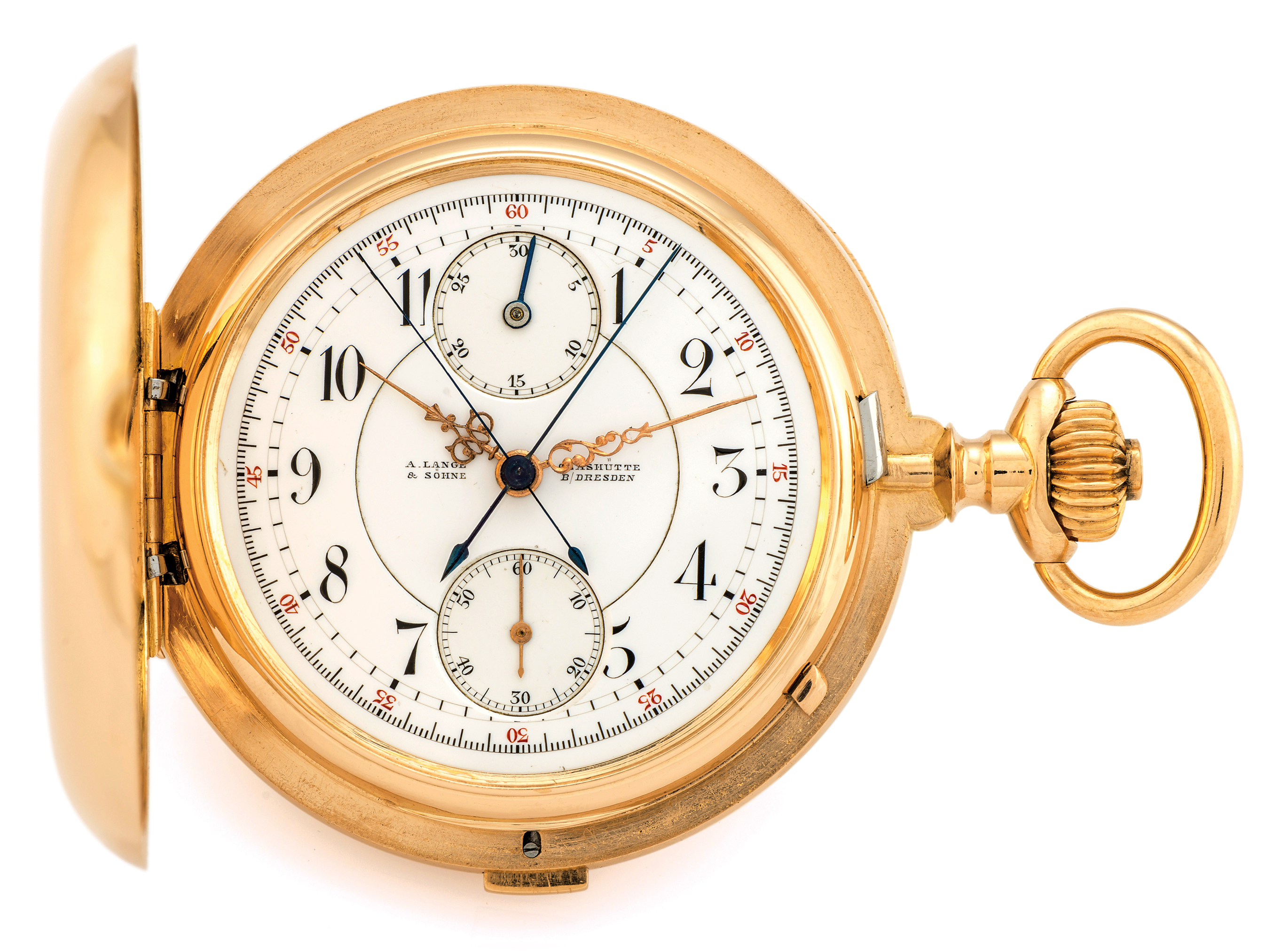 A. LANGE & SÖHNE LANGE DOUBLE CHRONOGRAPH SYSTEM PINK GOLD 
A. Lange & Söhne, Glashütte B/Dresden, No. 42623. Made in 1905. 
Extremely rare, large and heavy, 18K pink gold, keyless, hunting-cased pocket watch with 
1st Quality movement with Lage's Guillaume-type balance, Lange double-chronograph 
system with single push-piece for all four functions via one column wheel.