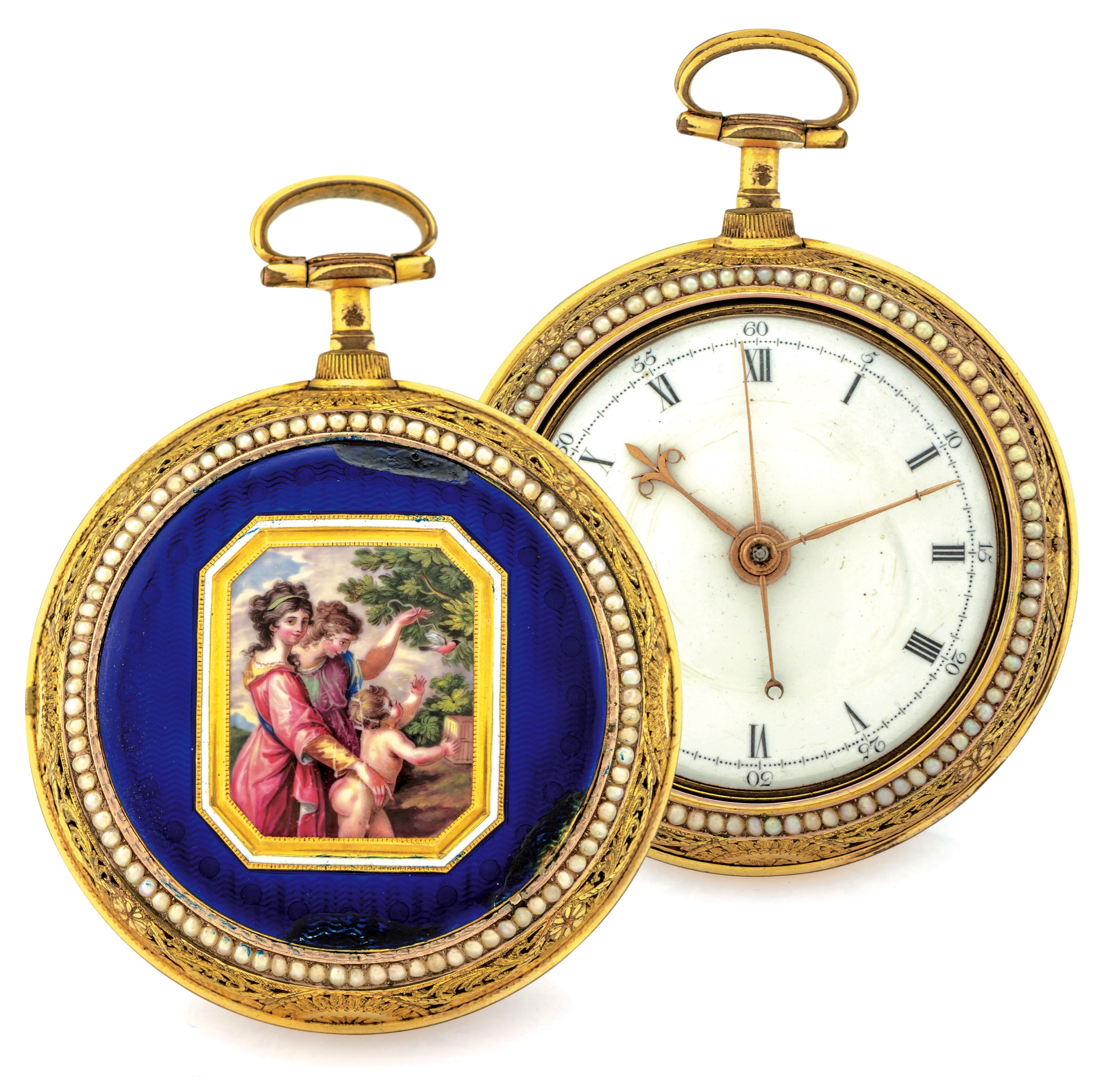 ANDREW FOWLDS QUARTER STRIKING 
CLOCKWATCH "AFFECTION & INNOCENCE" 
Andrew Fowlds, London, No. 6115. Made for the Chinese 
market, circa 1780. 
Very fine and very rare, gilt-brass, painted on enamel, 
pearl-set, pair-cased, two-train, quarter-striking clockwatch 
with center-seconds.