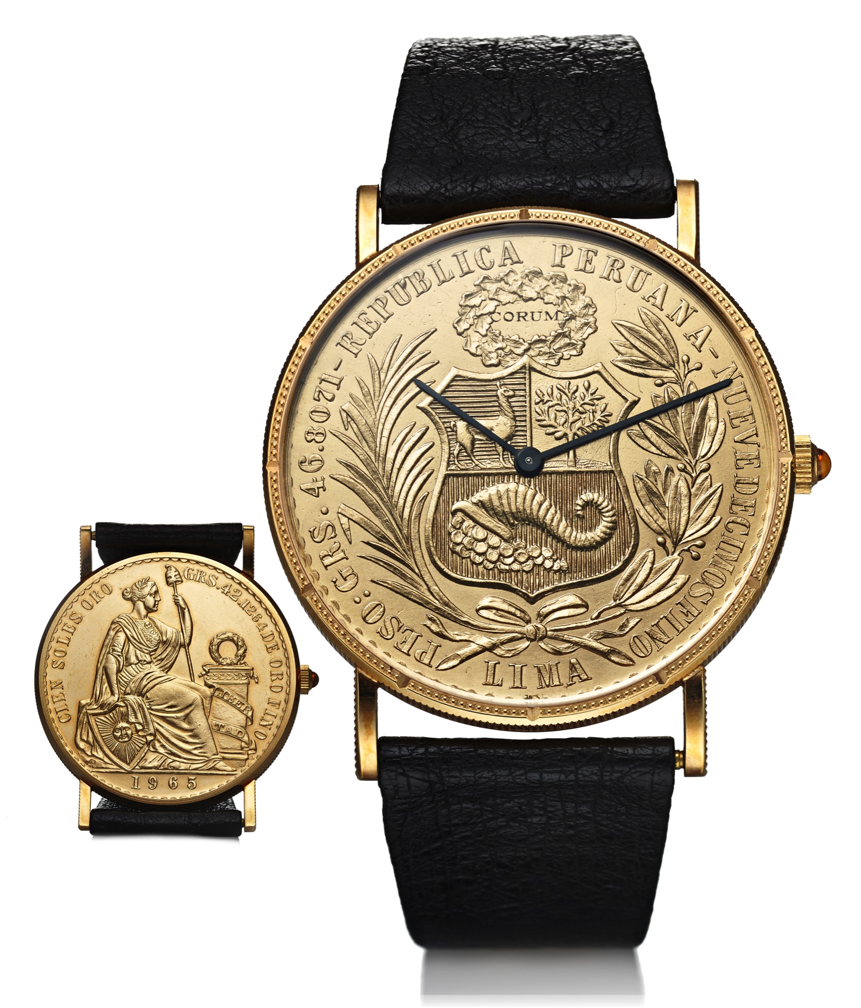 CORUM 100 SOLES PERUVIAN GOLD COIN WATCH
Corum, Coin Watch. Made in the 1970s. 
Fine and rare, thin, 18K yellow gold wristwatch inserted in a 
100 Soles Peruvian gold coin dated 1965 with an 18K yellow 
gold Corum buckle.