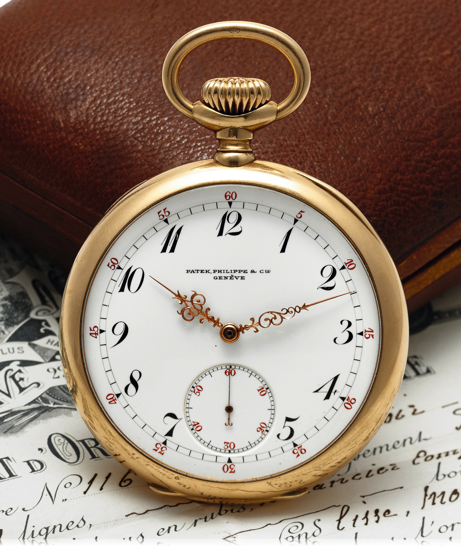 PATEK PHILIPPE POCKET WATCH YELLOW GOLD 
Patek, Philippe & Cie., Genève, No. 116554, case No. 233235. 
Made circa 1904. 
Very fine and rare, 18K yellow gold keyless pocket watch. 
Accompanied by a period Patek Philippe box and Certificate 
of Origin.