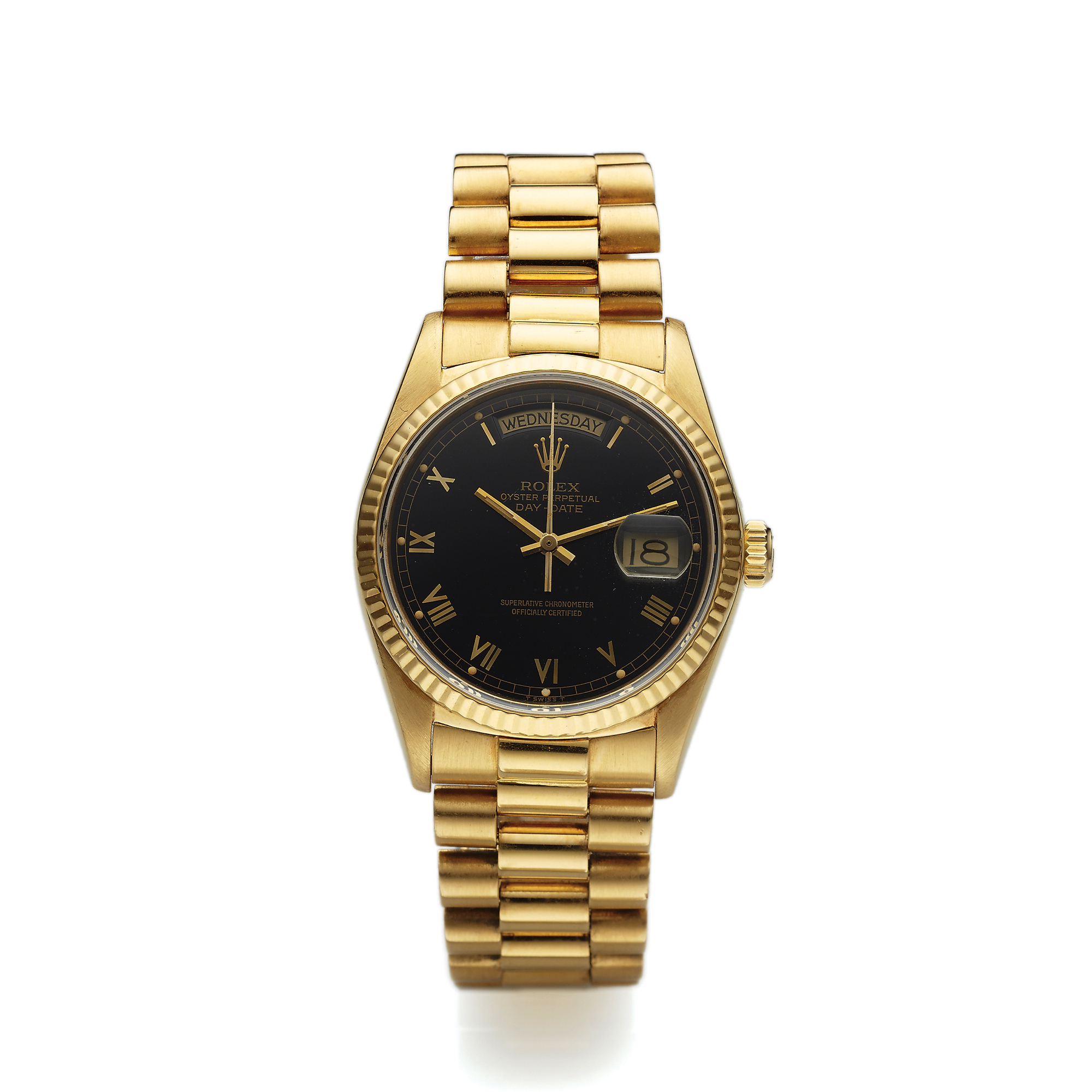 ROLEX REF. 18038 DAY-DATE YELLOW GOLD
Rolex, Oyster Perpetual "Day-Date" Superlative
Chronometer Officially Certified, case No. 8900575, Ref.
18038/18000. Made circa 1985.
Fine, center seconds, self-winding, water-resistant, 18K
yellow gold wristwatch with day and date and an 18K
yellow gold President bracelet with concealed deployant
clasp.