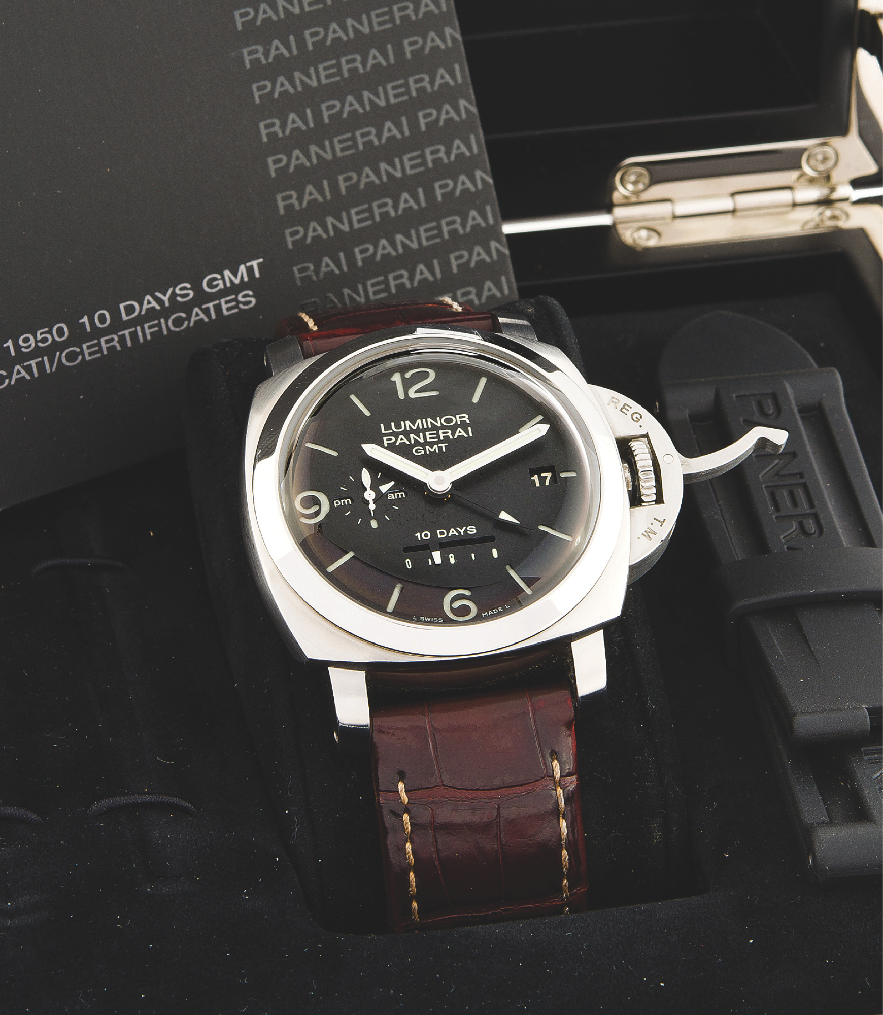 PANERAI PAM 270 LUMINOR GMT
Officine Panerai, Firenze 1860, ?Luminor 1950 10 Days GMT?
Ref. OP6687, Pam 270, No. 0398/1500. Made in a limited
edition of 1500 pieces in 2010.
Fine and rare, large, cushion-shaped, self-winding, water
resistant, stainless steel diver?s wristwatch with two time
zones, date, 10-days power-reserve indication, am/pm
indication and a stainless steel Panerai buckle. Accompanied
by the original fitted box, warranty, instruction booklet and
additional rubber strap