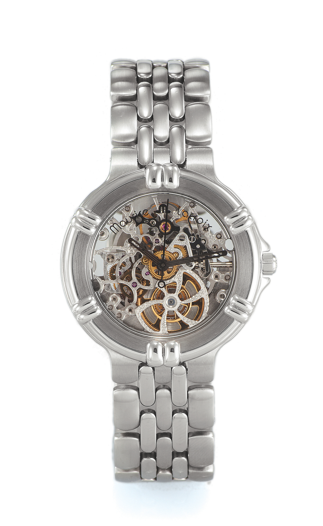 MAURICE LACROIX REF. 14419
SKELETON AUTOMATIC STEEL
Maurice Lacroix, skeleton Automatic, case No. 854, Ref.14419.
Made circa 1990?s.
Fine, self-winding, water-resistant, stainless steel wristwatch
with integrated stainless steel bracelet with double
deployant clasp.