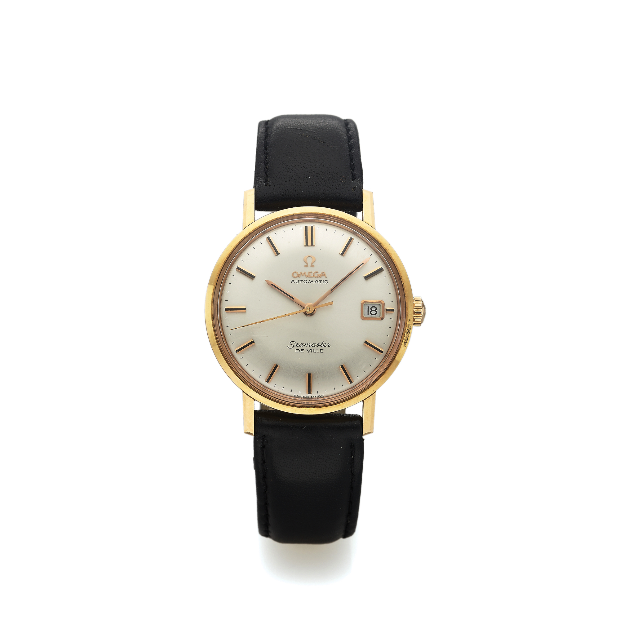 OMEGA REF. 166020 
SEAMASTER DE VILLE PINK GOLD 
Omega, "Automatic, Seamaster De Ville" movement No. 
22756851, Ref. 166020 SC. Made in 1967. 
Fine, water resistant, center seconds, self-winding, 
18K pink gold wristwatch with date and a gold-plated 
Omega buckle.