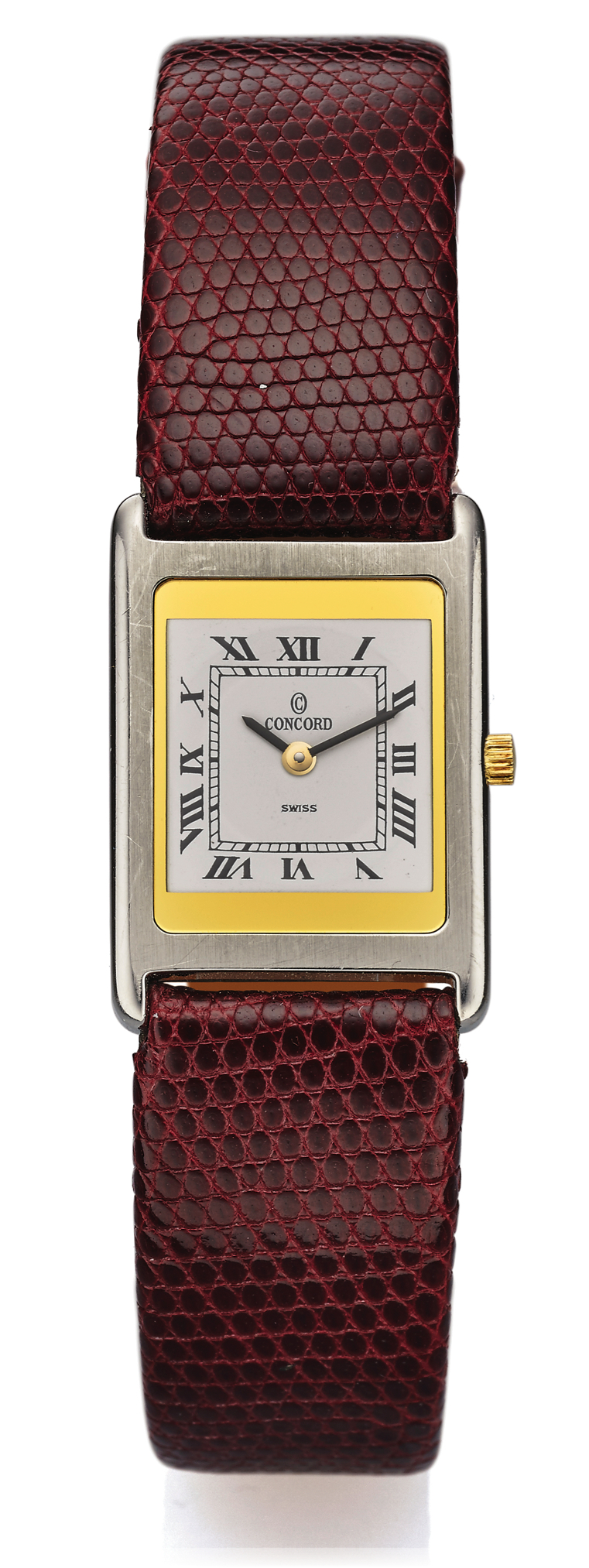 CONCORD DELIRIUM LADY'S
Concord Quartz, "Delirium," case No. 813553, Ref. 14.90.669. Made in the 1980's. 
Fine, extra-flat, rectangular, water resistant, stainless steel 
lady's wristwatch.
Signed on the dial, numbered on the case.