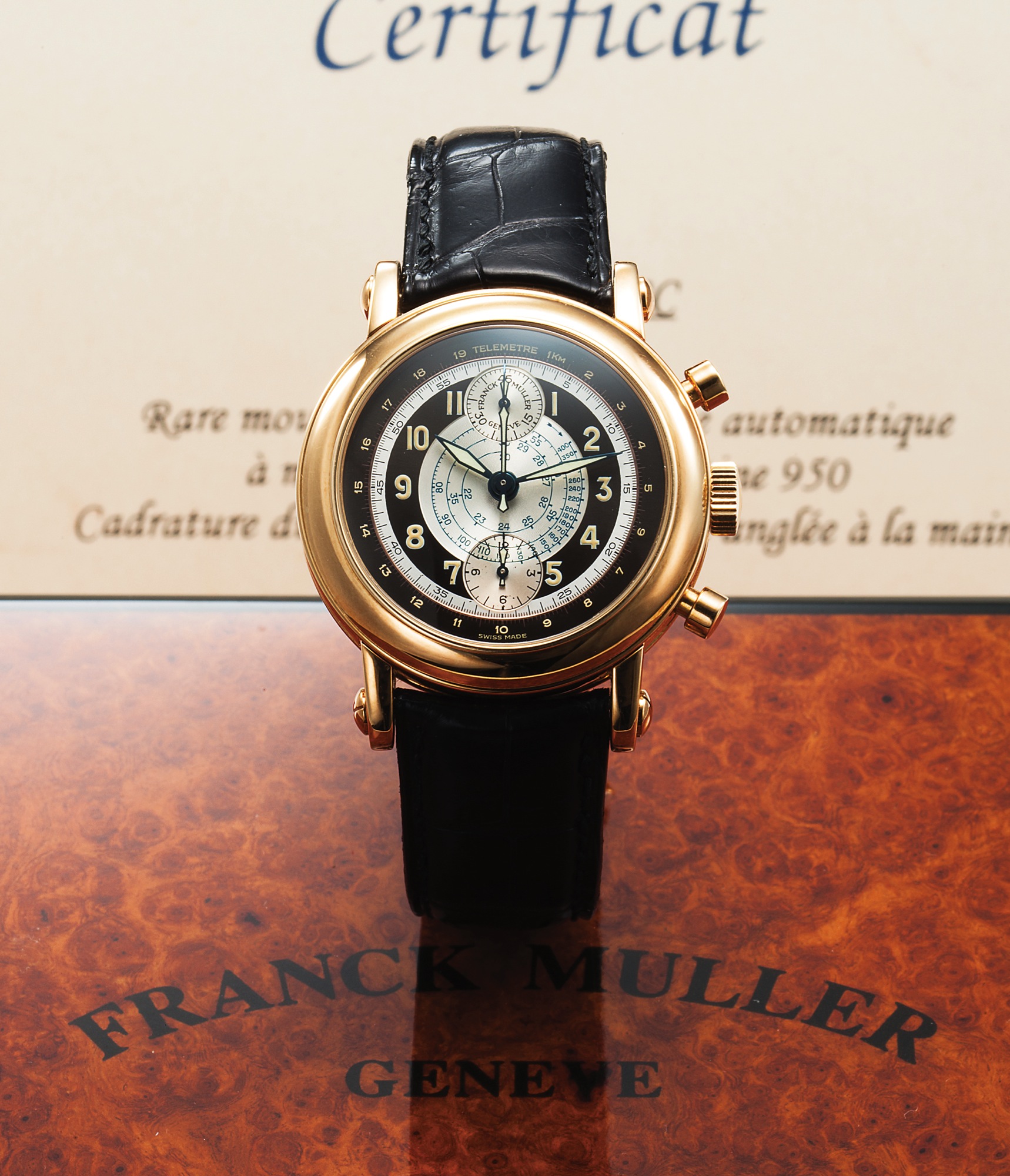 FRANCK MULLER REF. 7000CC S 45 
CHRONOGRAPH YELLOW GOLD 
Franck Muller, chronograph, No.18, Ref. 7000CC S 45. 
Made circa 2004. 
Very fine, water-resistant, 18K yellow gold wristwatch with round 
button chronograph, telemeter, register and 18K yellow gold Franck 
Muller buckle. Accompanied by a fitted box and certificate