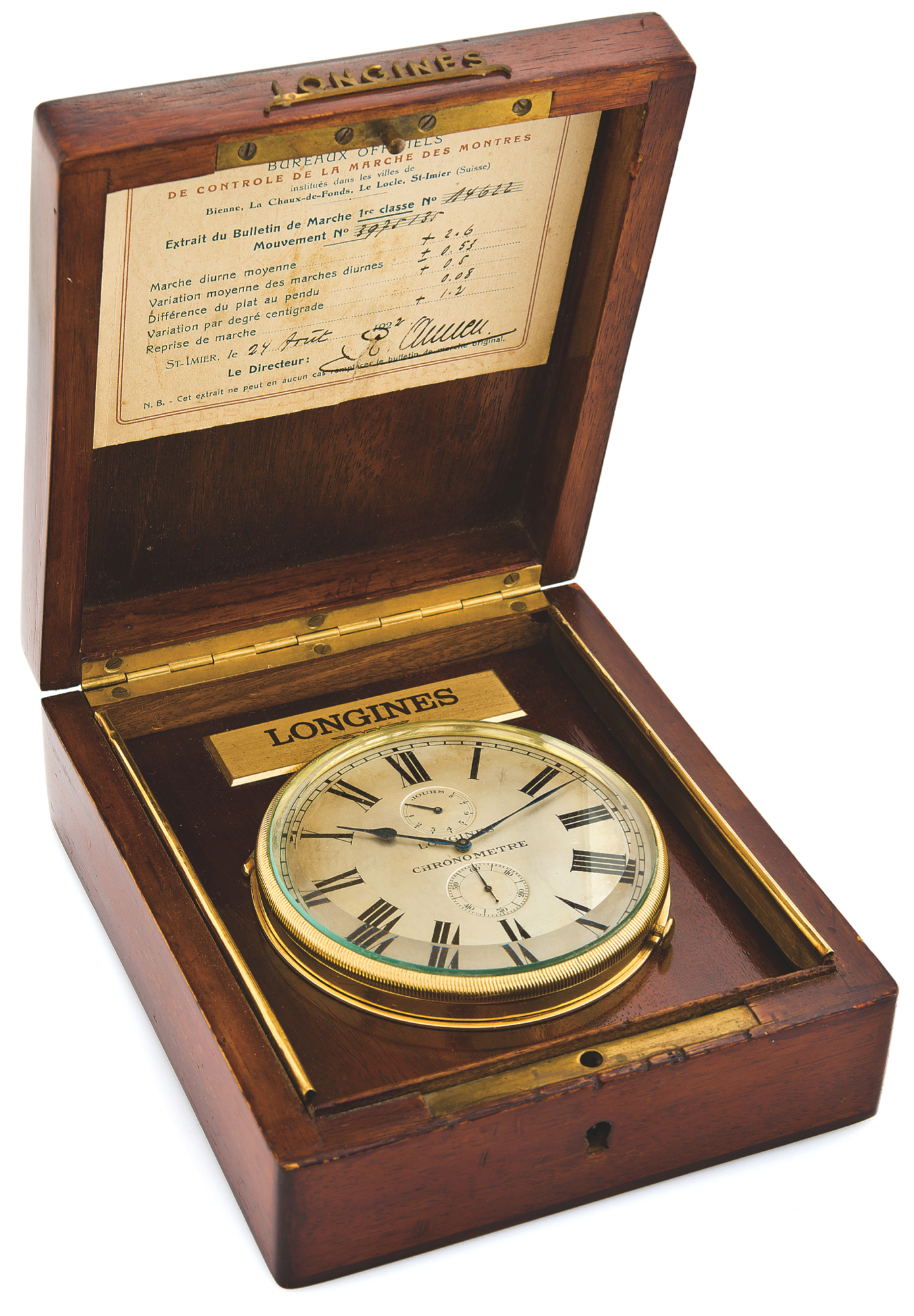 Longines ? 1St Class Lever
Chronometer Deck Watch With
Original Bulletin De Marche
Longines, ?8-Jours Chronomètre 1er. Classe, Saint-Imier?,
movement no. 3975135. Made circa 1920.
Very fine and very rare, mahogany and gilt-brass, 8-day
going, keyless, deck lever chronometer with power-reserve
indication, achieved 1st class rating at the bureaux officiel
de st. imier on august 24th 1922. accompanied by the
original bulletin de Marche.