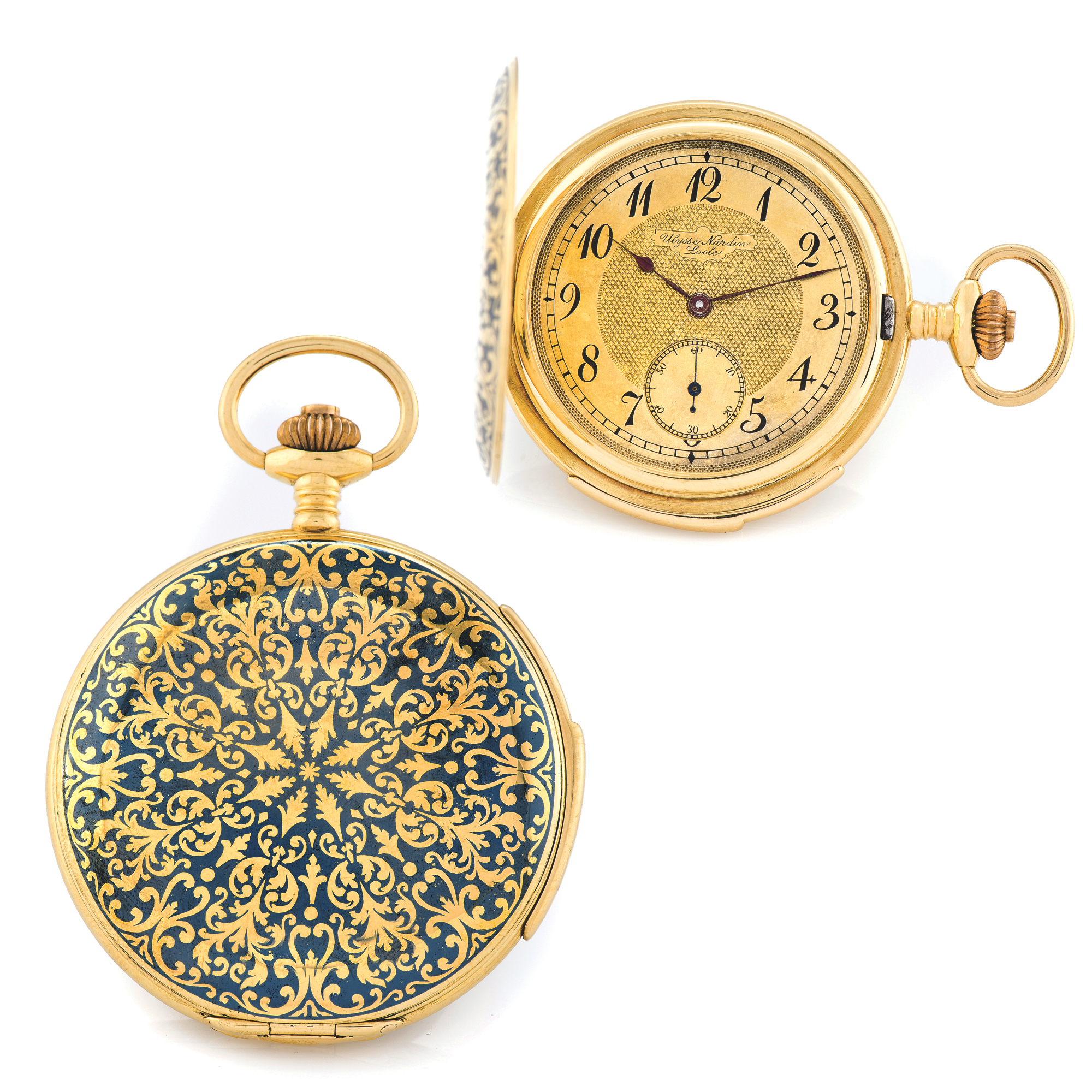 ULYSSE NARDIN MINUTE REPEATER ? NIELLOED GOLD CASE COMMEMORATING OTTO VON BISMARCK AS PRUSSIAN AMBASSADOR TO PARIS
Ulysse Nardin, Locle, movement No. 11861. Made circa 1910.
Fine and elegant, thin, minute-repeating, 18K yellow gold and niello hunting cased keyless dress watch.