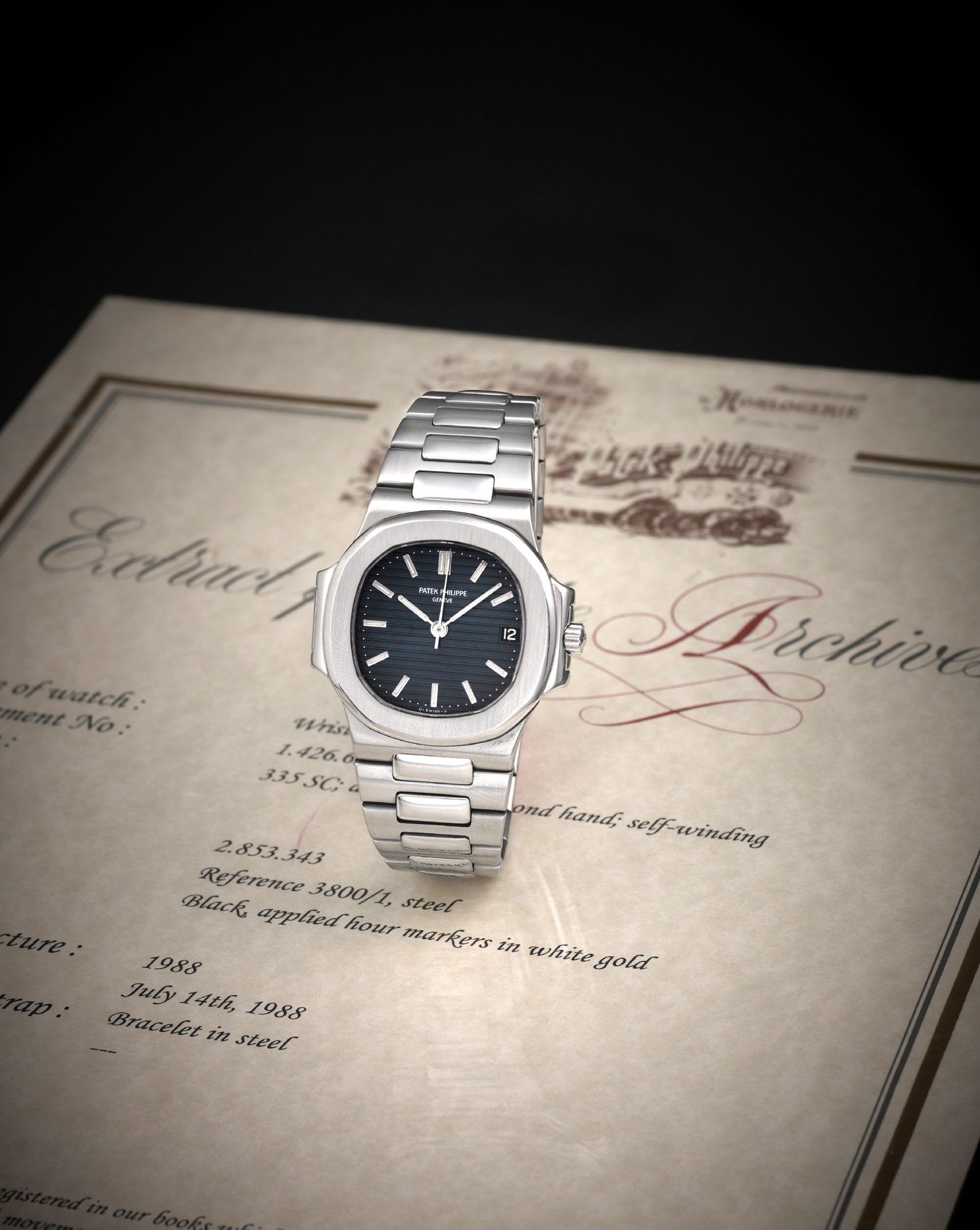 PATEK PHILIPPE REF. 3800 NAUTILUS STEEL
Patek Philippe, Genève, Nautilus, No. 1426652, case No.
2853343, Ref. 3800/1. Made in 1988, sold July 14th, 1988.
Fine, cushion-shaped, center seconds, self-winding, waterresistant,
stainless steel wristwatch with date and a stainless
steel Patek Philippe link bracelet with deployant clasp.
Accompanied by the Extract from the Archives and 4 extra links.