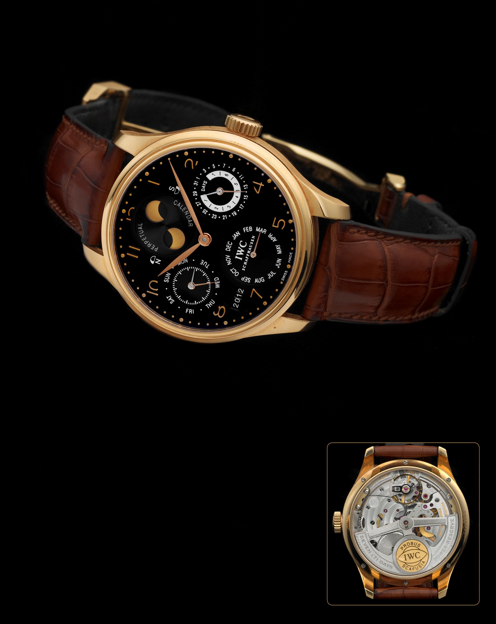 IWC REF. 5021, PORTUGUESE PERPETUAL CALENDAR PINK GOLD
International Watch Co., Schaffhausen, Portuguese - Perpetual Calendar - 7-day Power
reserve, case No. 2920080, Ref. 5021. Made circa 2004.
Very fine, large, self-winding, water-resistant, 18K pink gold wristwatch with secular
perpetual calendar, moon phases, 7-day power reserve indicator and an 18K pink gold
IWC deployant clasp.