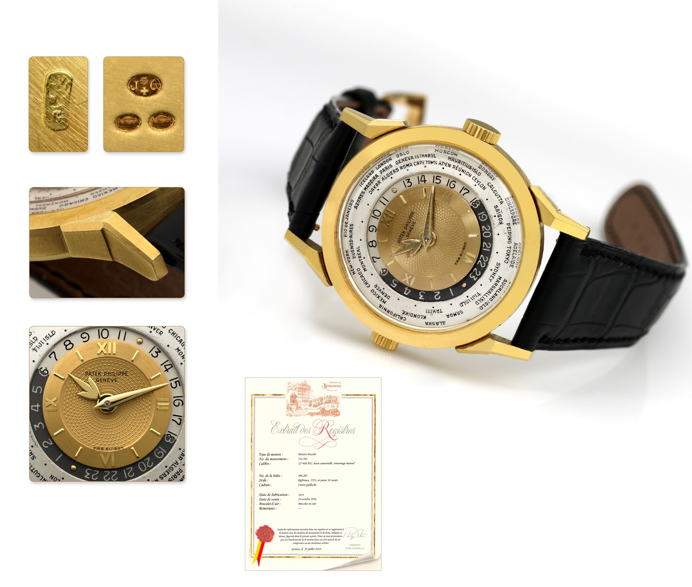 PATEK PHILIPPE, REF. 2523, WORLD TIME,
GUILLOCHE GOLD CENTER
Patek Philippe & Cie, Genève, No 722702, case No 306207, Ref. 2523 HU
(Heures Universelles). Made in 1953, sold on October 10th, 1956.
Extremely fine and extremely rare, "World Time", 18K yellow gold
gentleman?s wristwatch with two crowns and guilloche dial with an 18K
yellow gold Patek Philippe buckle. Accompanied by the Extract from the
Archives and a Patek Philippe overhaul dated Mai 2011.