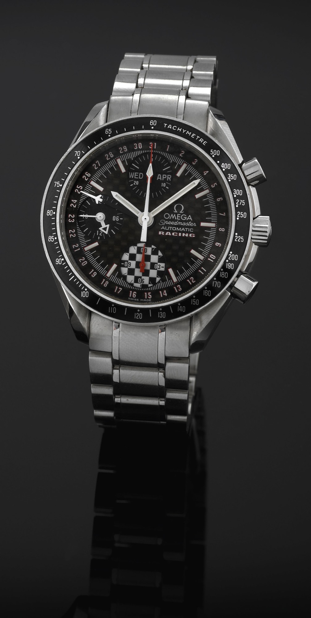 OMEGA SPEEDMASTER SCHUMACHER EDITION
Omega, Speedmaster Automatic, Racing, No. 1146/ 5555,
case No. 58350604, Ref. 3529.50. Made in a limited edition
of 5555 pieces to celebrate Michael Schumacher?s World
Driver?s Championship title in 2002, sold on April 25th, 2003.
Fine, asymmetric, self-winding, water-resistant, stainless
steel wristwatch with round button chronograph, triple date,
registers, 24 hour indication, tachometer and a stainless
steel Omega link bracelet with concealed deplo