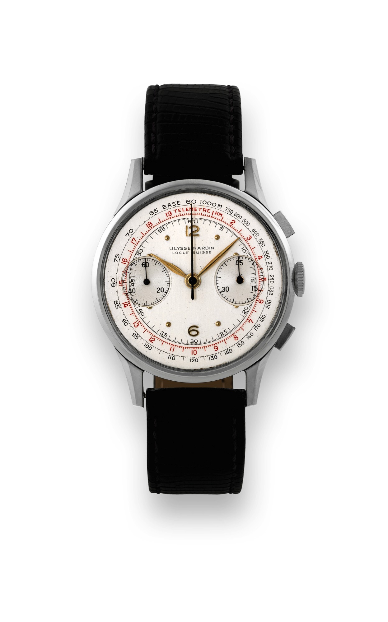 Ulysse Nardin, Le Locle, Suisse,
case No. 165322. Made in the 1950s.
Fine, large and rare, stainless steel
wristwatch with square button
chronograph, registers, tachometer and
telemeter.