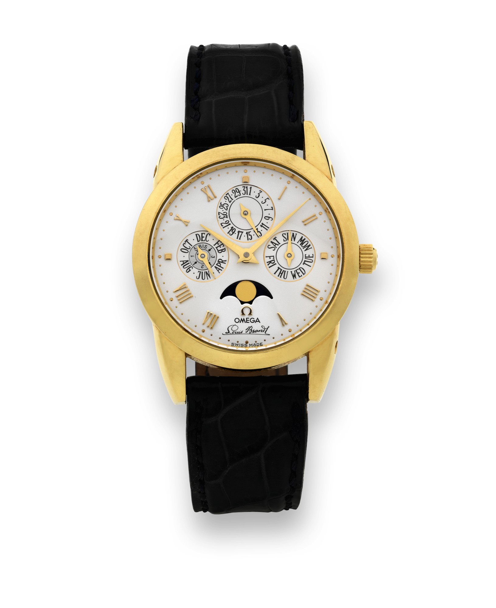 OMEGA LOUIS BRANDT, YELLOW GOLD
Omega, ?Louis Brandt, Quantième Perpétuel", case 1750300,
sold in 1995.
Fine and rare, self-winding, water-resistant, 18K yellow gold
wristwatch with perpetual calendar and moon phases with
an 18K yellow gold Omega buckle. Accompanied by the
guarantee.