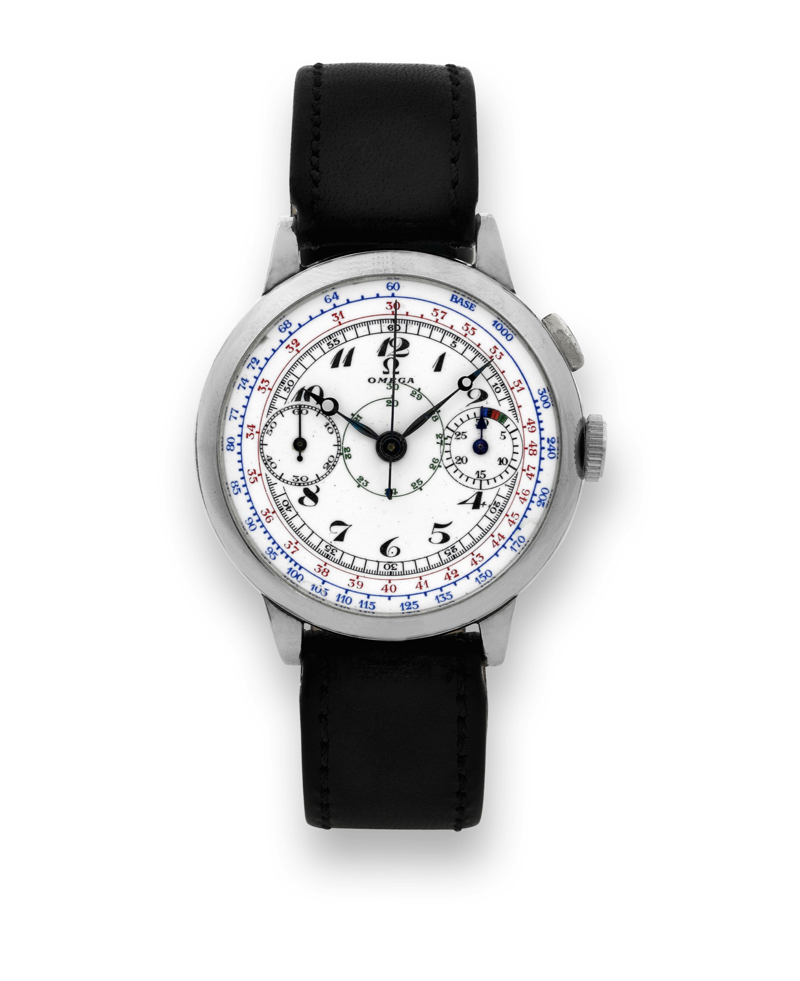 OMEGA SINGLE CHRONOGRAPH CAL 33.3, STEEL
Omega, movement No. 9372823, case No. 8845775. Made in
the 1930s.
Very fine and rare, stainless steel ?Staybrite? wristwatch with
single olive shaped single button chronograph, register and
tachometer.