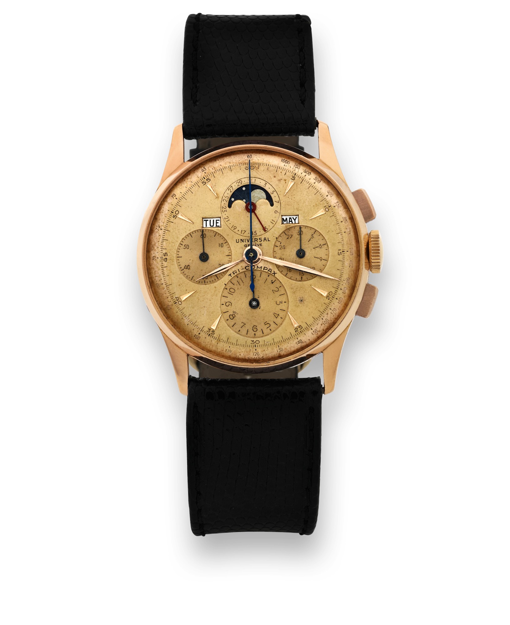 UNIVERSAL REF. 12266, TRI COMPAX PINK GOLD
Universal, Genève, "Tri-Compax", Ref. 12266, case No.
1244576, movement No.263319. Made in the 1940s.
Very fine and rare, 18K pink gold wristwatch with square
button chronograph, registers, tachometer, triple date and
moon phases.