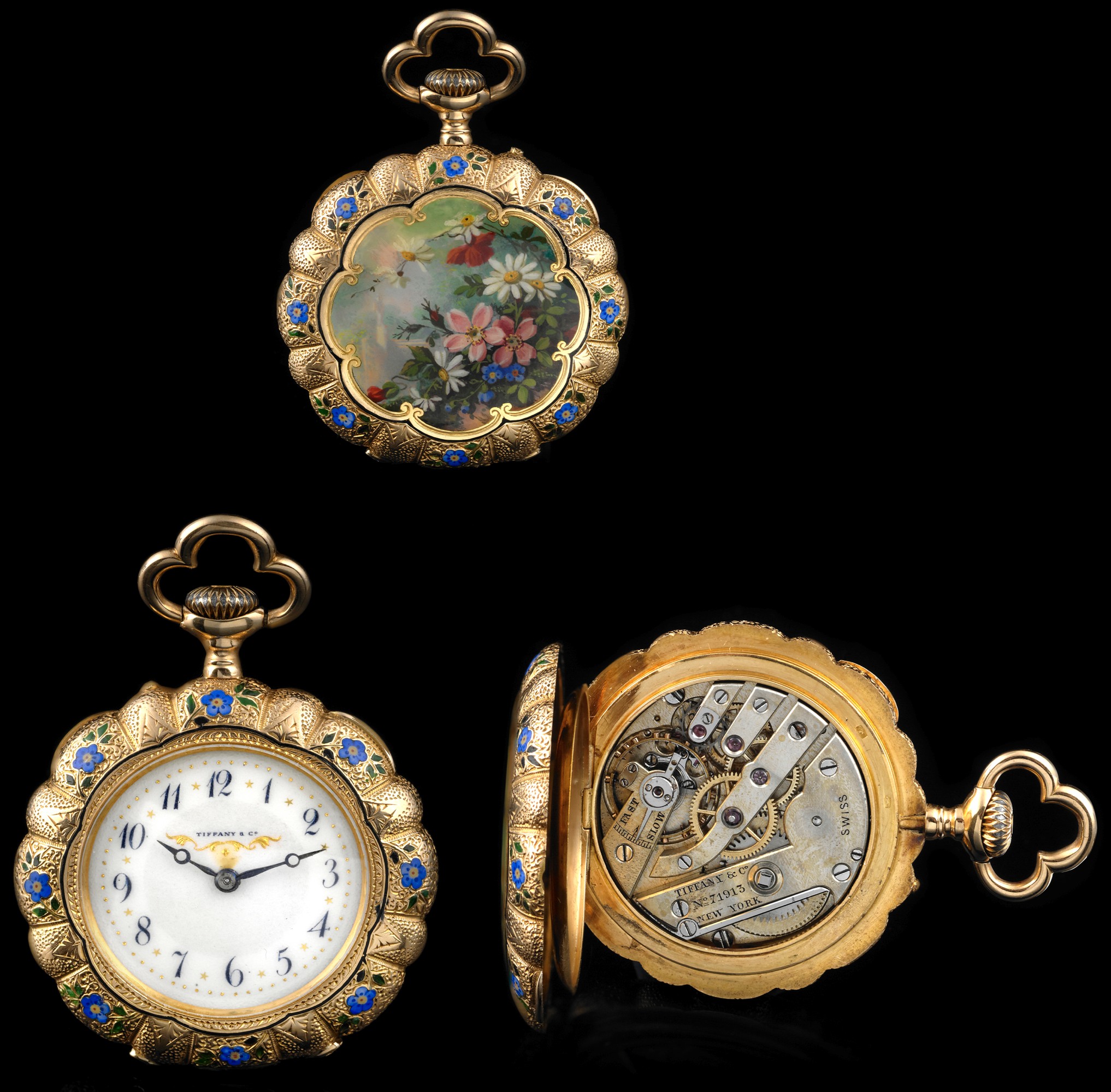 TIFFANY & CO. YELLOW GOLD & ENAMEL
PENDANT WATCH
Tiffany & Co., New York, No. 71913. Made in 1885.
Very fine and unusual 18K gold and enamel keyless lady?s
pendant watch with fine enamel floral scene on the case back.