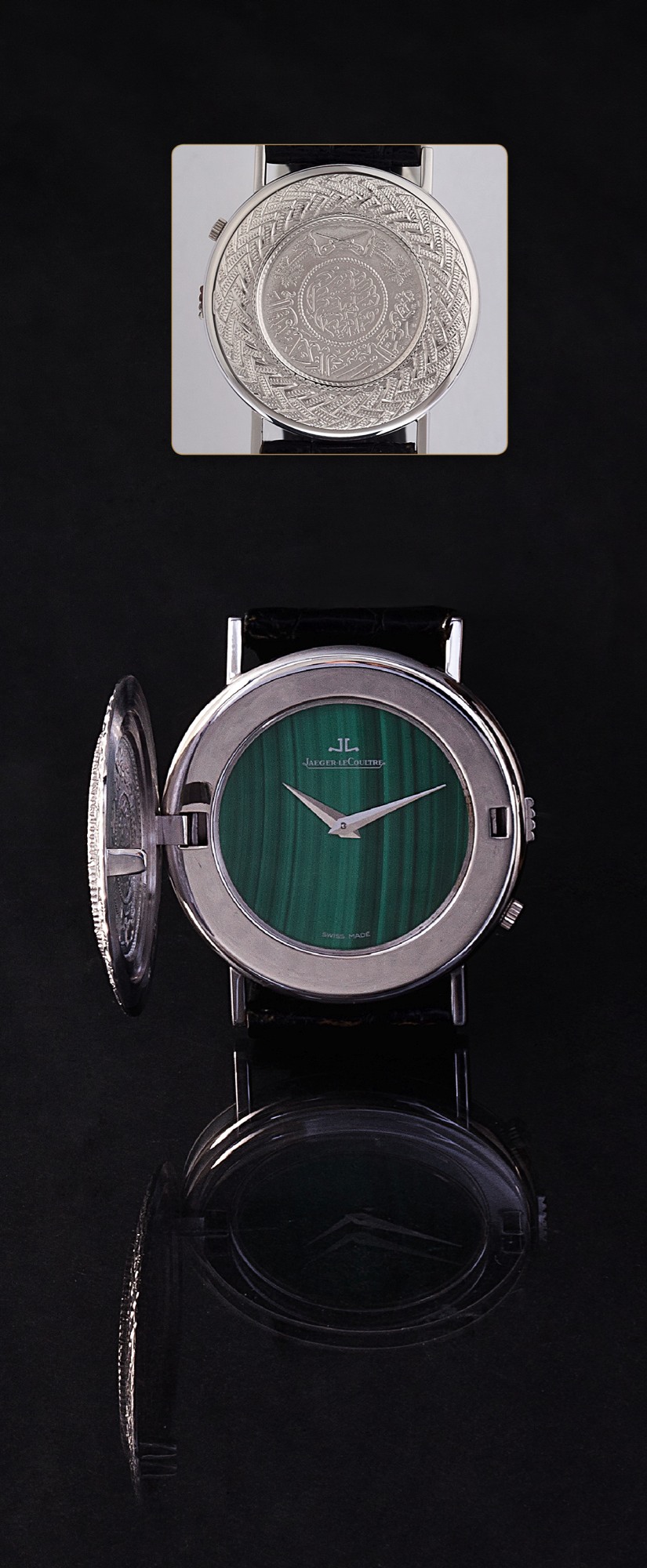JAEGER-LECOULTRE, REF. 4486 22,
WHITE GOLD & MALACHITE
Jaeger-LeCoultre, case No. 1483325, Ref. 4486 22. Made for
the Arabian market in the 1990s.
Very fine and unusual, 18K white gold wristwatch with concealed
malachite dial and a stainless steel Jaeger- LeCoultre buckle.