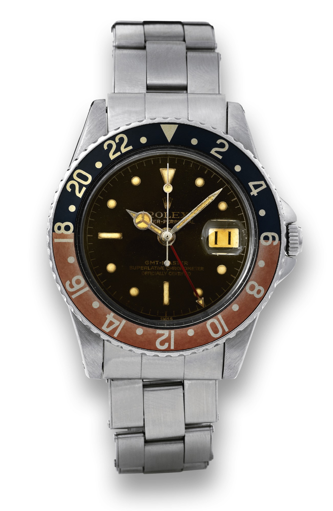 ROLEX REF. 1675 GMT MASTER POINTED CROWN
GUARD TROPICAL DIAL
Rolex, ?Oyster Perpetual, GMT-Master, Superlative
Chronometer, Officially Certified,? case No. 132664,
Ref. 1675. Made in 1966.
Fine, two time zone, center seconds, self-winding, water
resistant, stainless steel wristwatch with date, special 24-hour
bezel and hand with a stainless steel Rolex Oyster bracelet
and deployant clasp.
