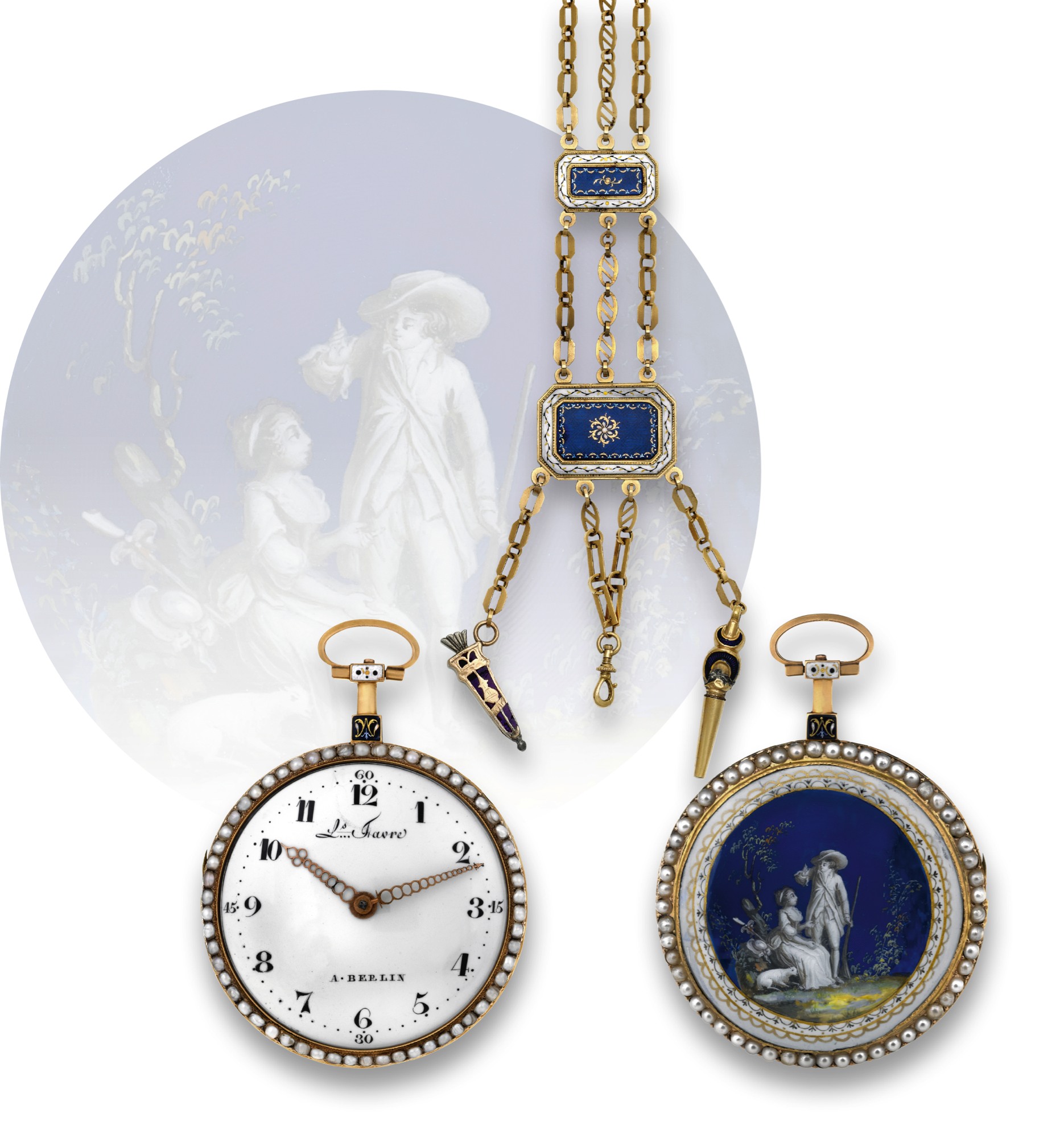 THE COUNTRY COUPLE
Ls. Favre à Berlin (Swiss), No. 3426. Made circa 1795.
Fine, gold, painted on enamel and pearl-set pocket watch with a fine gold and enamel three-strand chatelaine.