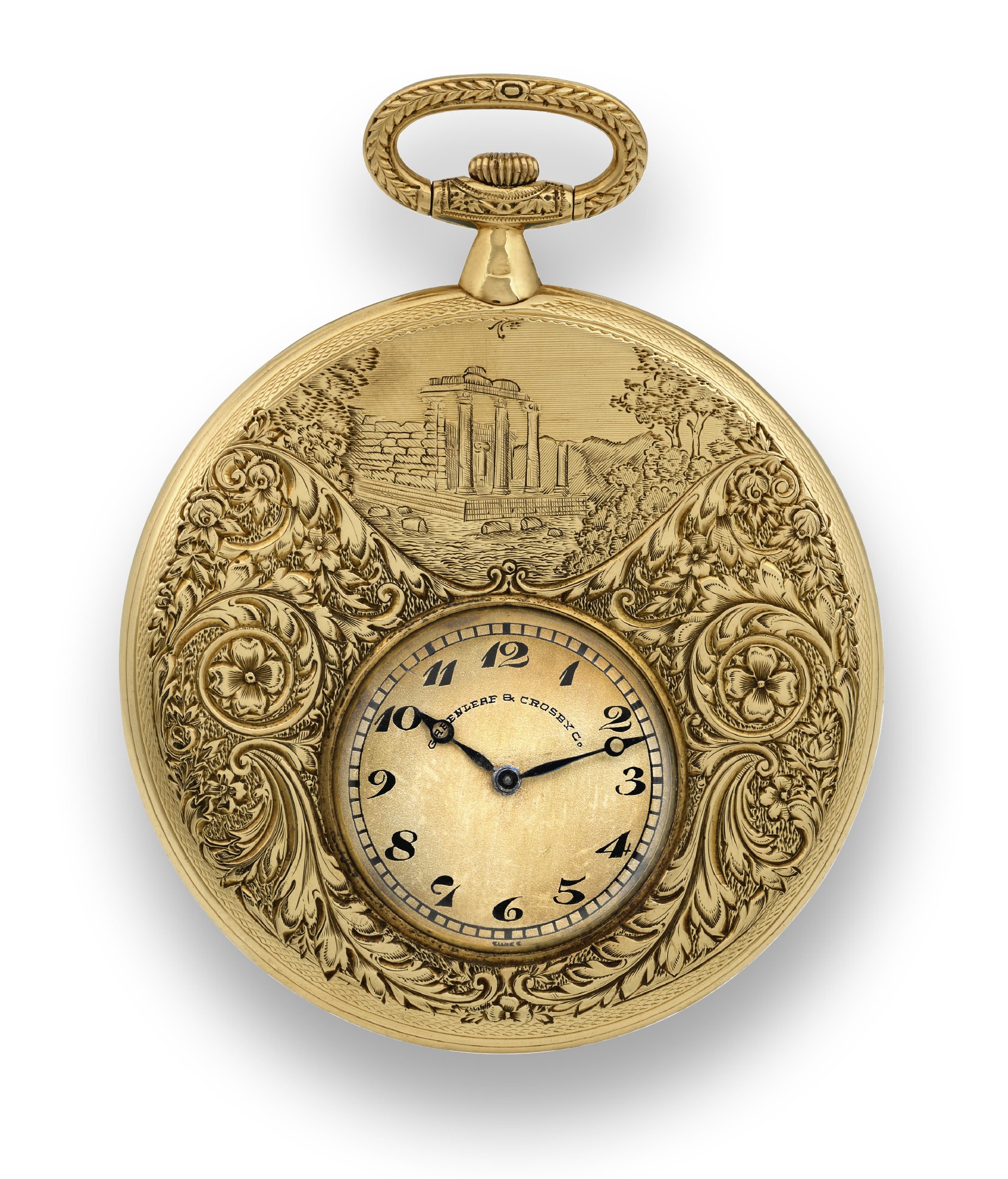 Touchon & Co., Swiss, movement No. 27287, No. 14. Made for Greenleaf & Crosby Co., (Florida), circa 1910.
Fine and thin, keyless, 18K yellow gold pocket watch with adjusted movement.