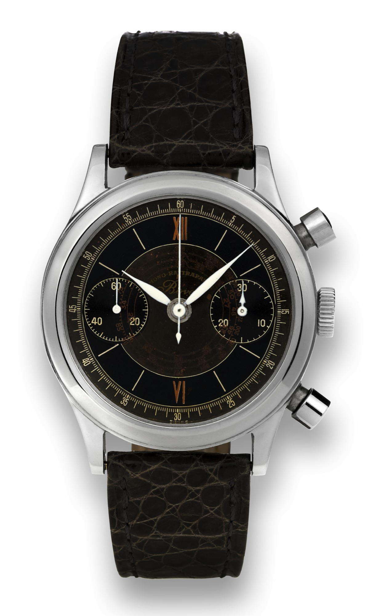 BOVET MONO-RATTRAPANTE TROPICAL DIAL
Bovet Frères & Cie, Swiss, ?Mono-Rattrapante?, Ref.
5347/2454. Made in the 1940s.
Fine and rare, stainless steel wristwatch with round button
chronograph, register and tachometer.