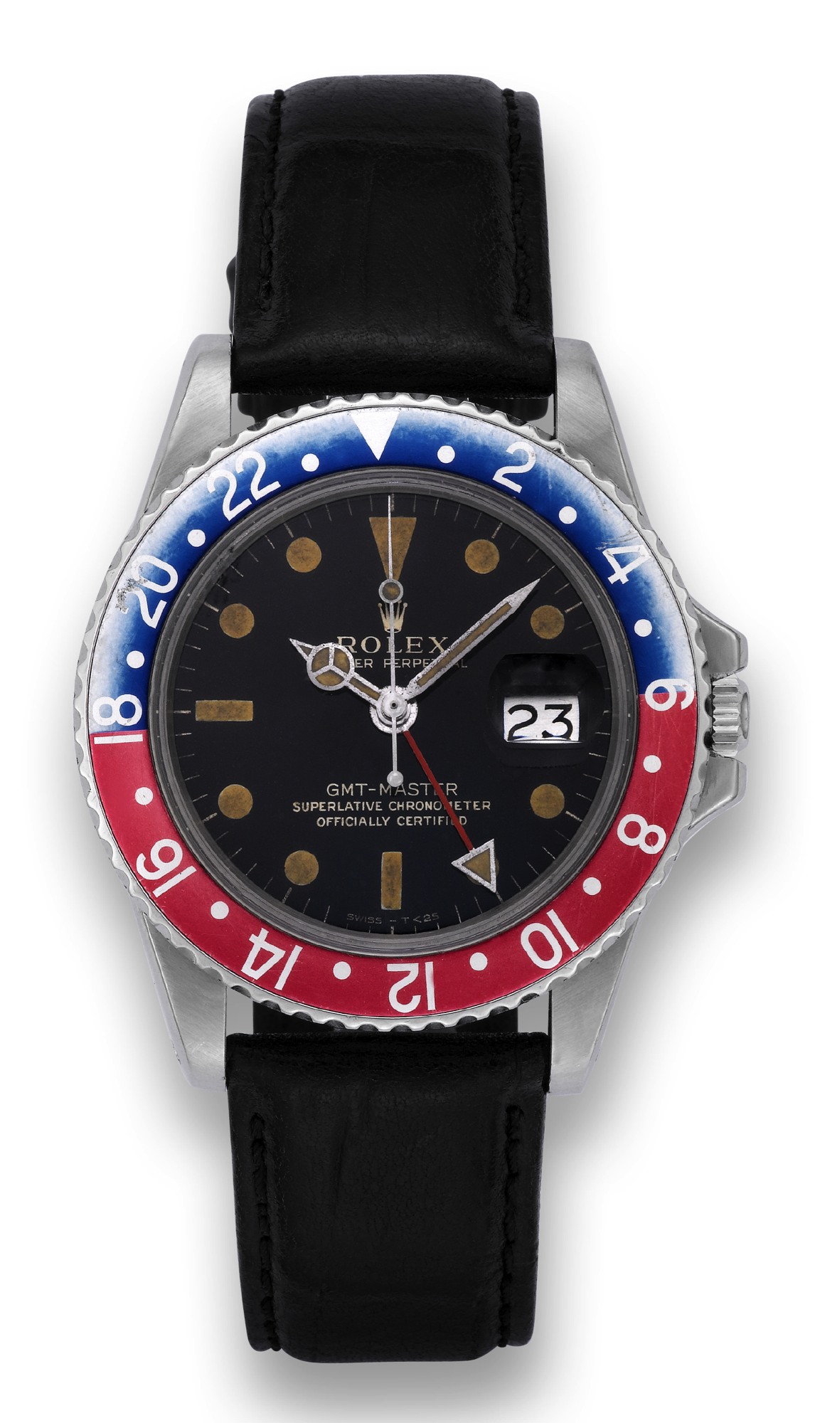 ROLEX REF. 1675 GMT MASTER, STAINLESS STEEL
Rolex, ?Oyster Perpetual, GMT Master, Superlative Chronometer,
Officially Certified?, case No. 1338111, Ref. 1675.
Made in 1966.
Fine, two time zone, center seconds, self-winding, waterresistant,
stainless steel wristwatch with date, special 24-hour
bezel and hand.