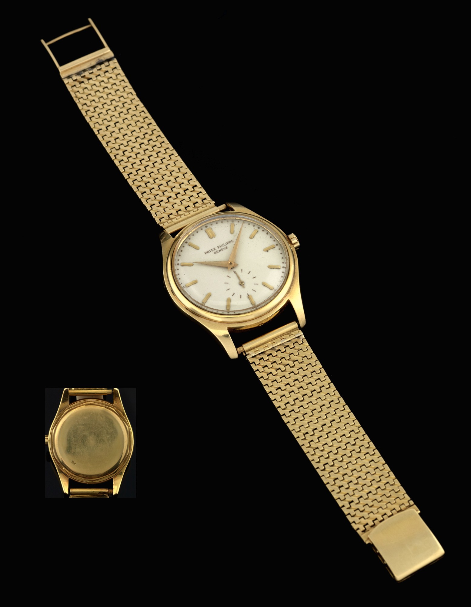 PATEK PHILIPPE REF. 2526 ENAMEL DIAL 1ST GENERATION
YELLOW GOLD
Patek Philippe, Genève, No. 760647, case No. 682127, Ref. 2526. Made in 1953.
Very fine and rare, water-resistant, self-winding, 18K yellow gold wristwatch with
enamel dial and an 18K yellow gold mesh bracelet.
