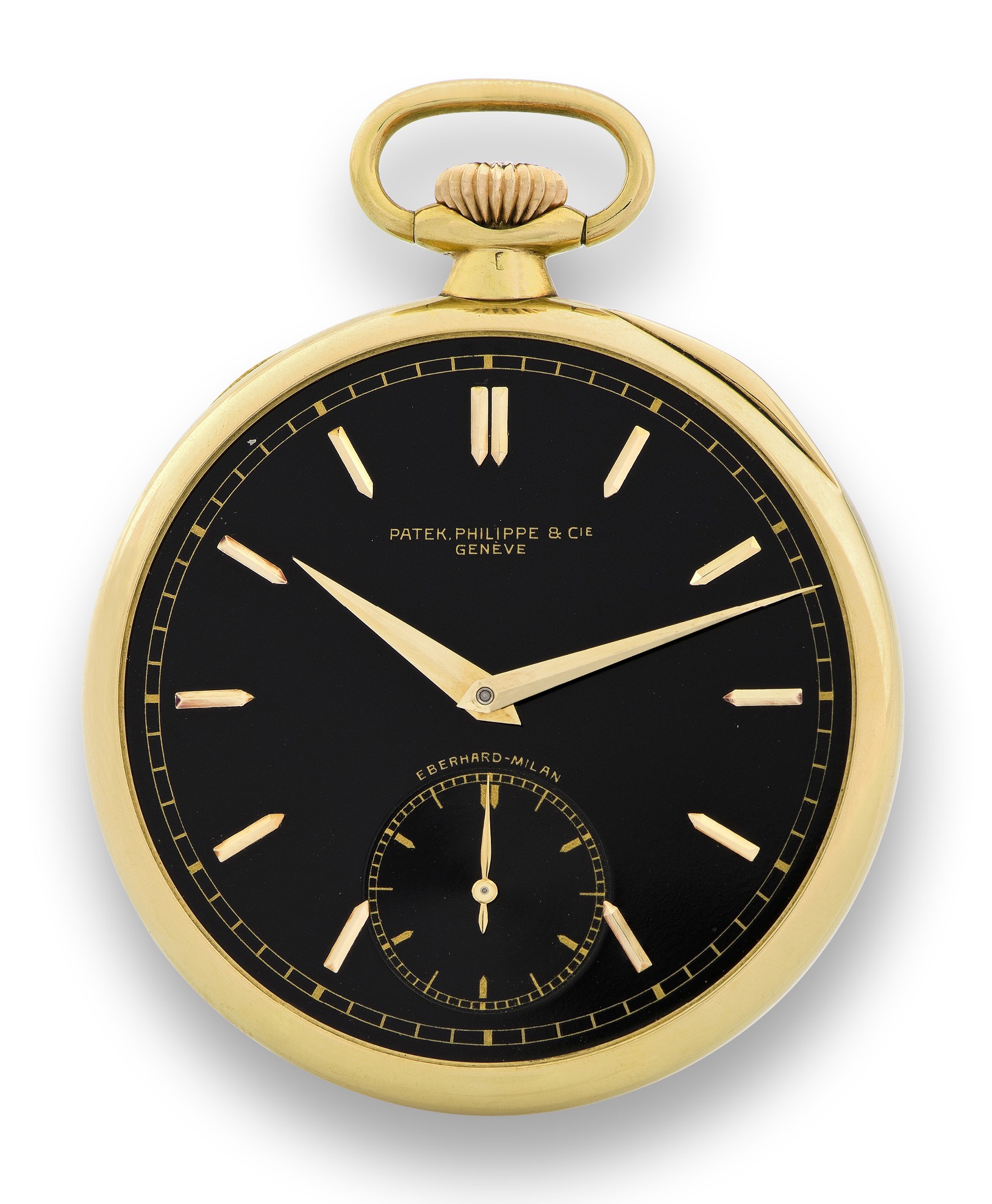 PATEK PHILIPPE ? BLACK DIAL FOR EBERHARD
MILAN
Patek Philippe & Cie., Genève, No. 181369, case No. 613795,
retailed by Eberhard, Milan. Movement made in 1923 and
encased in 1936, sold on December 10th, 1936.
Very fine, keyless, 18K yellow gold pocket watch.
Accompanied by the Extract from the Archives.