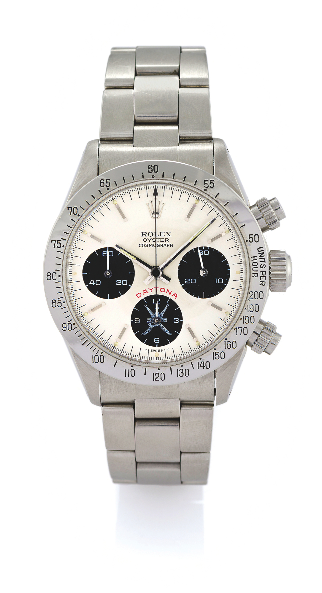 ROLEX REF. 6265 OMAN
Rolex, ?Oyster Cosmograph Daytona?, case No. 6223553, Ref. 6265/6263. Made
in 1980.
Fine, water-resistant, stainless steel wristwatch with steel bezel, round button
chronograph, registers, tachometer and a stainless steel Rolex Oyster bracelet.
