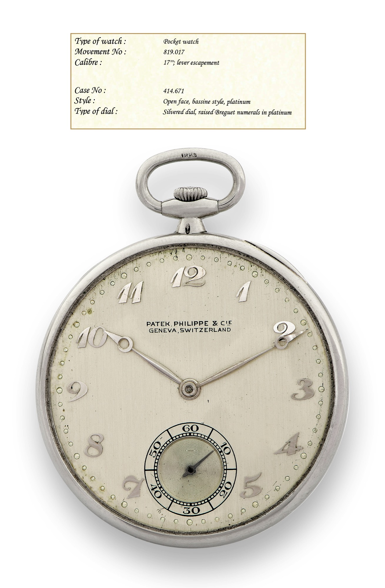 PATEK PHILIPPE PLATINUM DRESS WATCH, BREGUET NUMERALS
Patek Philippe & Cie, Geneva, Switzerland, No. 819017, case No. 414671. Made in 1928, sold on September 26th, 1931.
Fine and rare, thin, platinum keyless dress watch with platinum Breguet numerals. Accompanied by the Extract from the Archives.