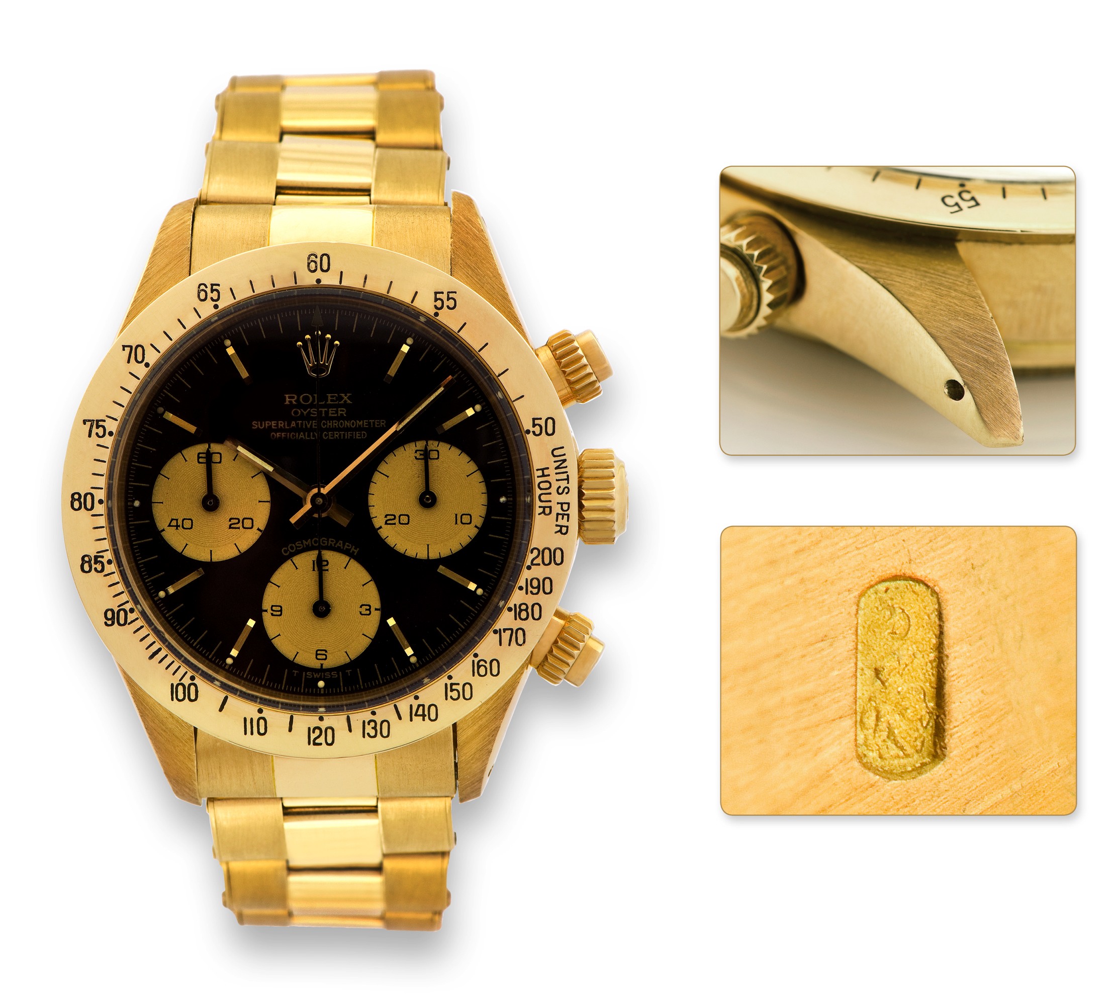 ROLEX REF. 6265, YELLOW GOLD
Rolex, ?Oyster, Superlative Chronometer, Officially Certified, Cosmograph? case
No. 5953772, Ref. 6265/6263. Made in 1981.
Very fine and rare, water-resistant, 18K yellow gold wristwatch with round button
chronograph, registers, yellow gold bezel with tachometer and an 18K yellow gold
Rolex riveted Oyster bracelet. Accompanied by the original certificate.