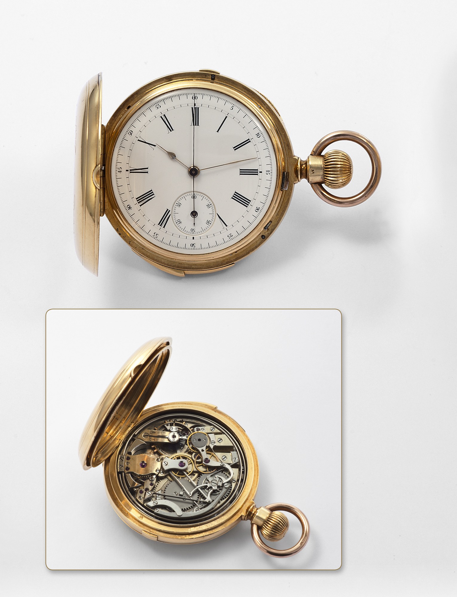 HALF QUARTER REPEATING & CHRONOGRAPH
Charles Oudin, Horloger de la Marine, 52 Palais Royal, Paris,
No. 30.230. Made circa 1880.
Very fine, 18K yellow gold pocket watch, half quarter
repeating & chronograph, hunting-cased.