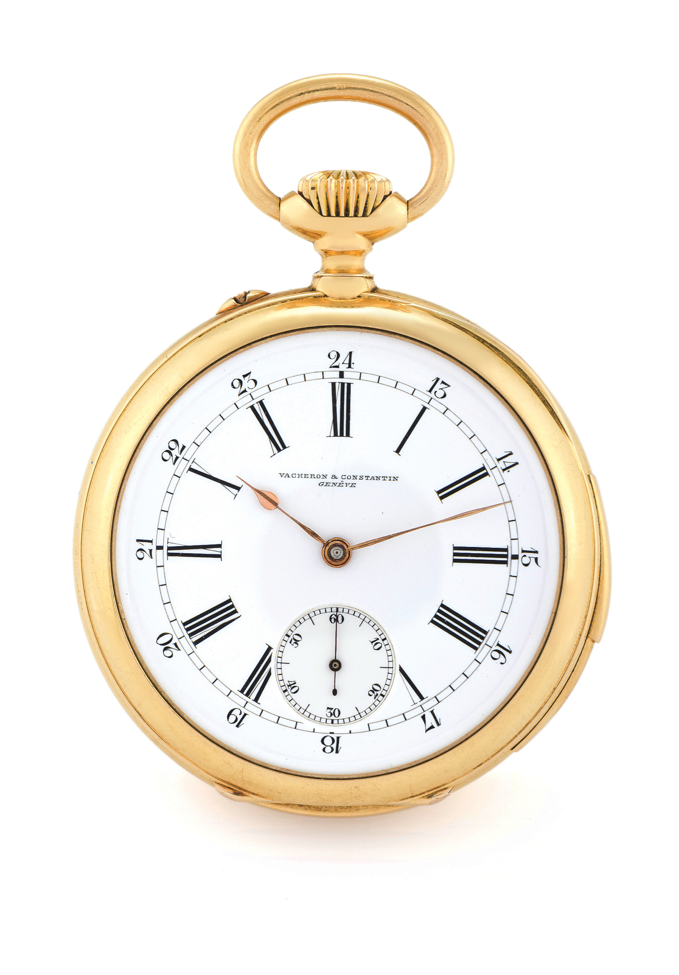 VACHERON & CONSTANTIN QUARTER REPEATING WATCH
Vacheron & Constantin, Genève, No. 183783. Made circa 1900.
Very fine and rare, heavy 18K gold, keyless quarter-repeating pocket watch with 24-hour dial.