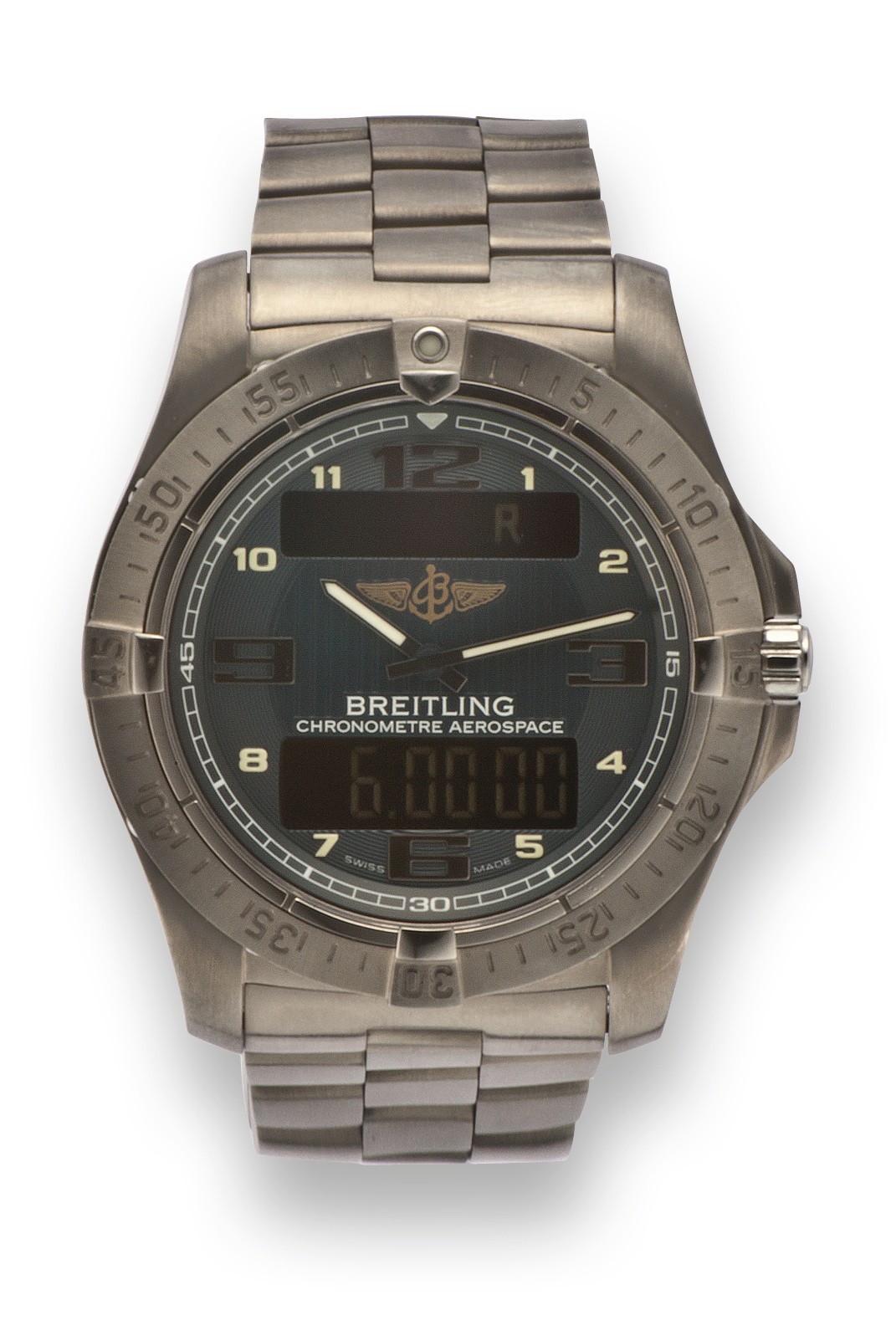 BREITLING REF. F 79362 AEROSPACE
TITANIUM QUARTZ
Breitling, Genève, Chronometer, Aerospace, No. 1262201,
Ref. F 79362. Made in the 2000?s.
Fine, two time zone, water-resistant, titanium quartz
wristwatch with timer, chronograph to 1/100th seconds,
alarm and an integrated titanium link bracelet with
deployant clasp.