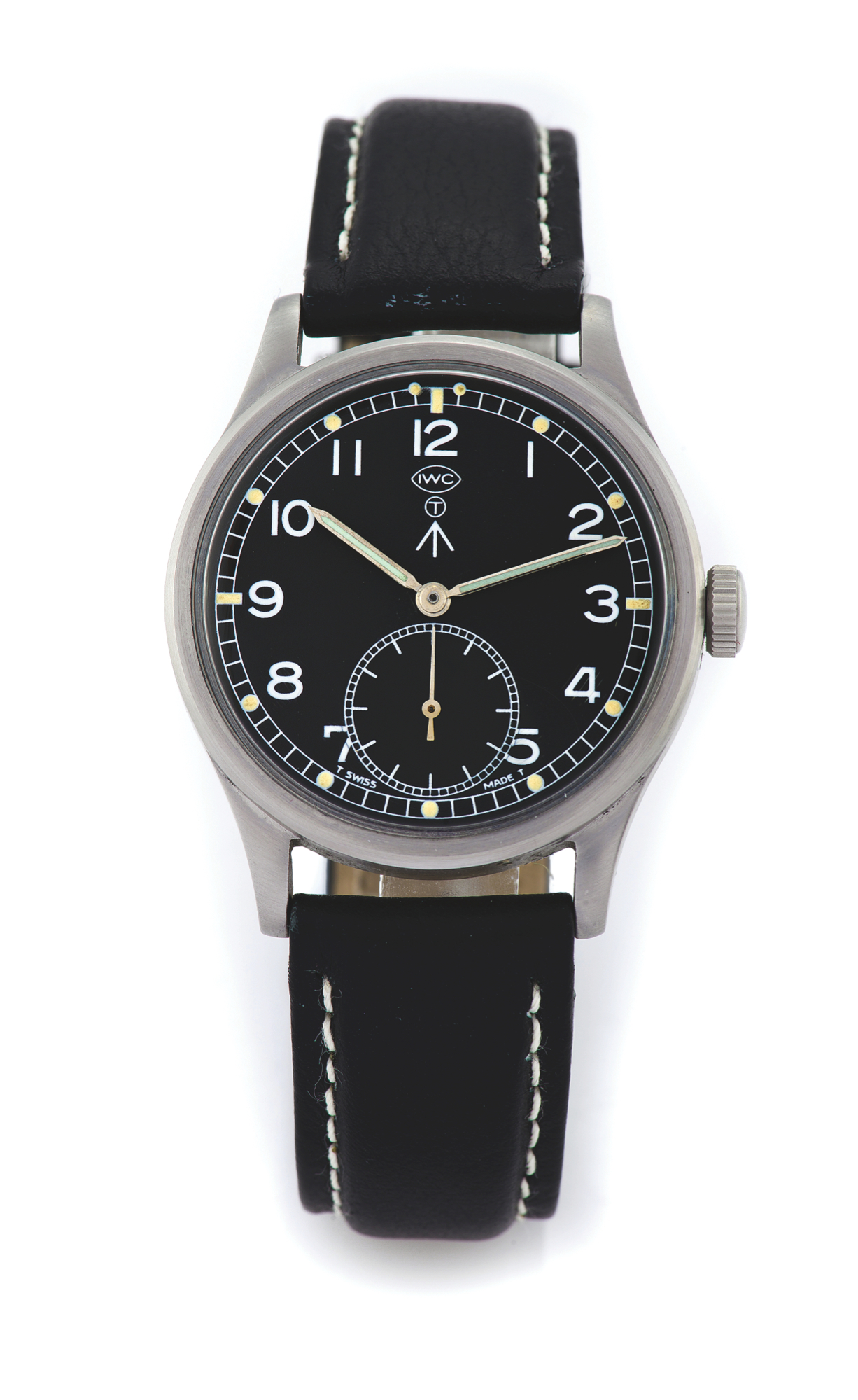 IWC, MARK X, BRITISH MILITARY ISSUE
International Watch Co., Schaffhausen, ?Mark X?, Movement No. 1081191, case No. 1133175. Made in circa 1945.
Fine and rare, water-resistant, stainless steel aviator?s wristwatch with a later steel IWC buckle.