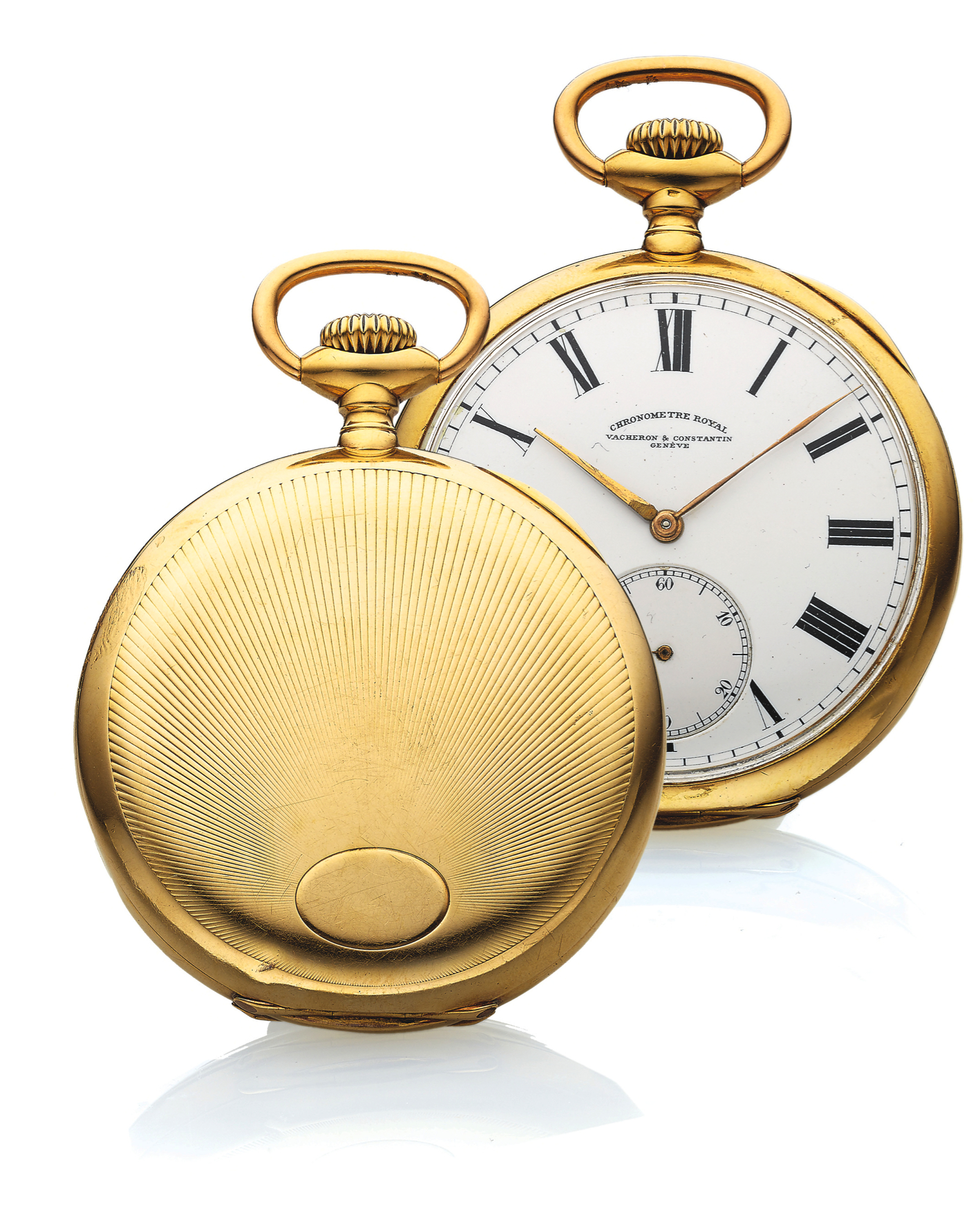 VACHERON & CONSTANTIN CHRONOMETRE
ROYAL YELLOW GOLD
Vacheron & Constantin, Genève, Chronomètre Royal,
No. 354930, case No. 218759. Made in the 1920s.
Very fine and rare, large, 18K yellow gold keyless pocket
watch chronometer.
