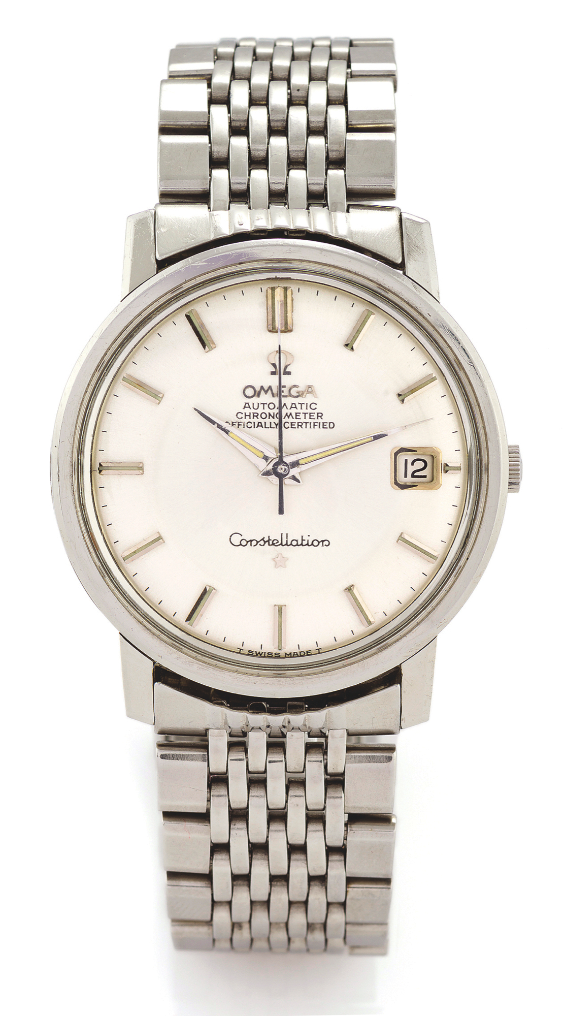OMEGA CONSTELLATION CALENDAR
Omega, ?Constellation, Automatic Chronometer, Officially Certified?,
No. 26455000, Ref. 168.010. Made circa 1966.
Fine, self-winding, center seconds, water-resistant, stainless steel chronometer
wristwatch with date and an Omega stainless steel bracelet with deployant clasp.