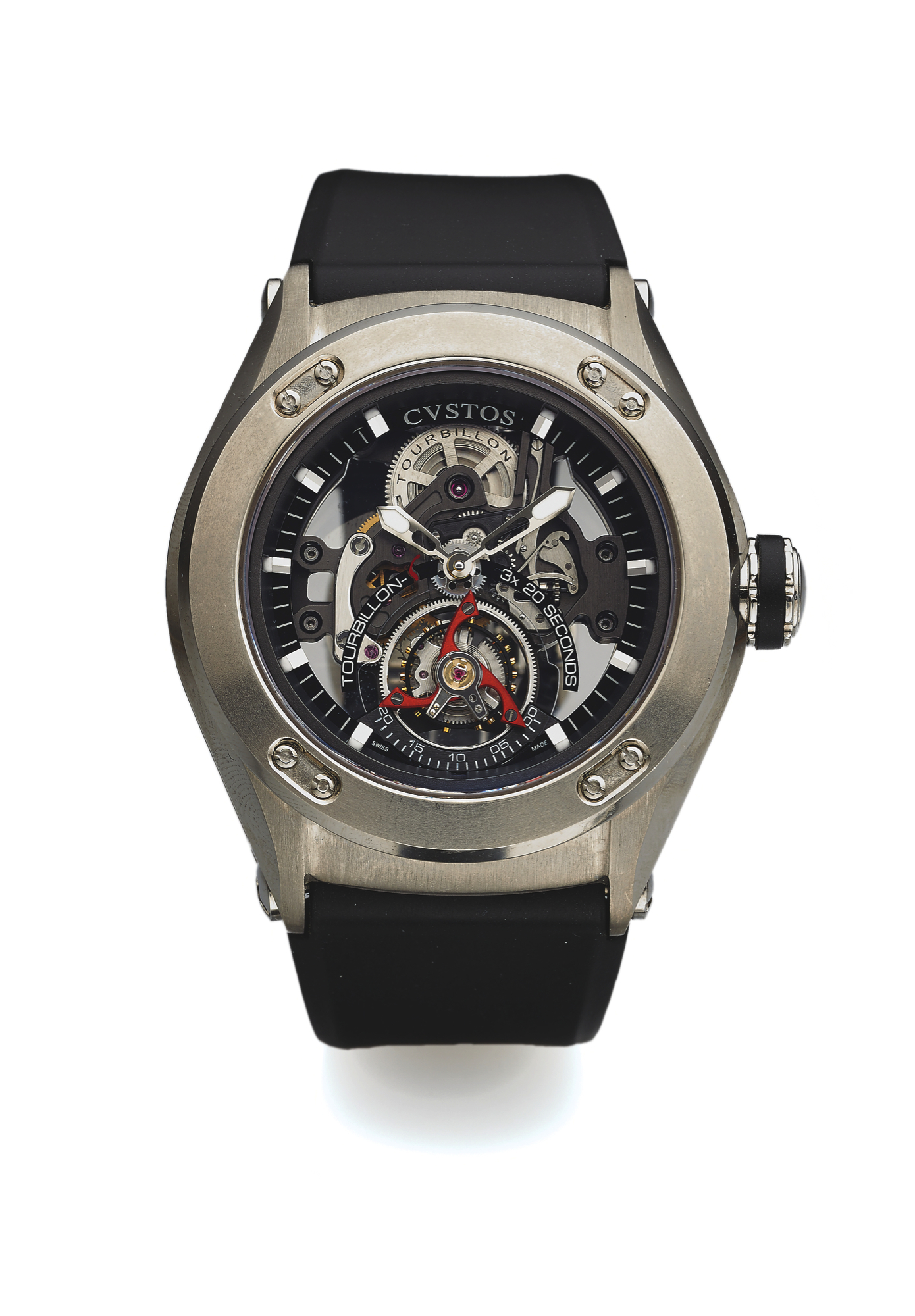 CVSTOS TOURBILLON CHALLENGE R 50 TITANIUM
Cvstos, Geneve, Tourbillon, Challenge R 50, No. 004 Ti. Made circa 2007.
Fine and unusual, large, curved tonneau-shaped, water-resistant, titanium wristwatch with one-minute tourbillon, black plasma-treated movement and a black rubber Cvstos strap with stainless steel double deployant clasp