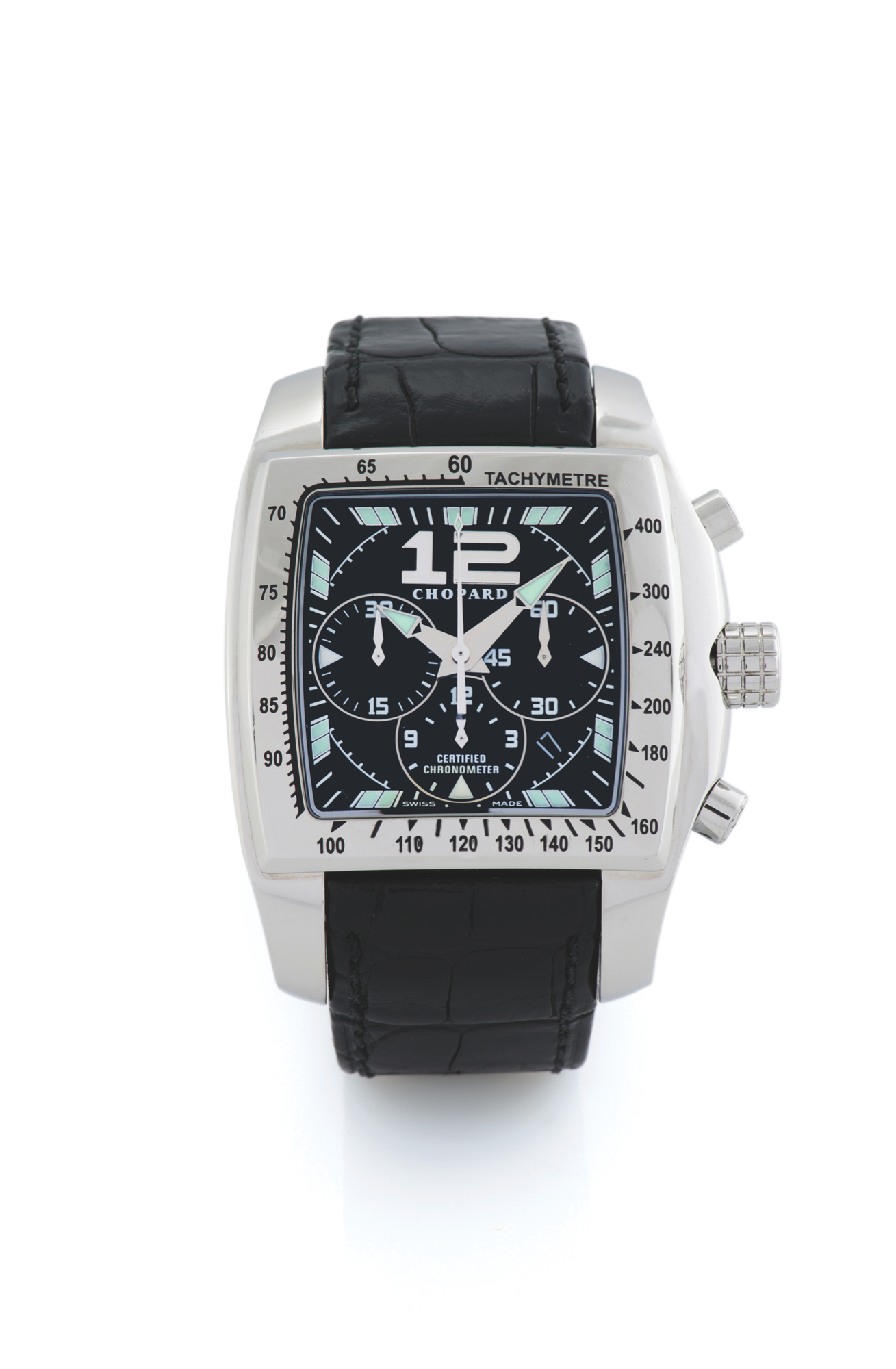 CHOPARD TYCOON - CHRONOGRAPH
Chopard, Tycoon, case No. 1068755, Ref. 8961. Made circa 2000.
Fine, self-winding, water-resistant, stainless steel chronometer wristwatch with
round button chronograph, registers, tachometer bezel, date and a stainless steel
Chopard double deployant clasp.