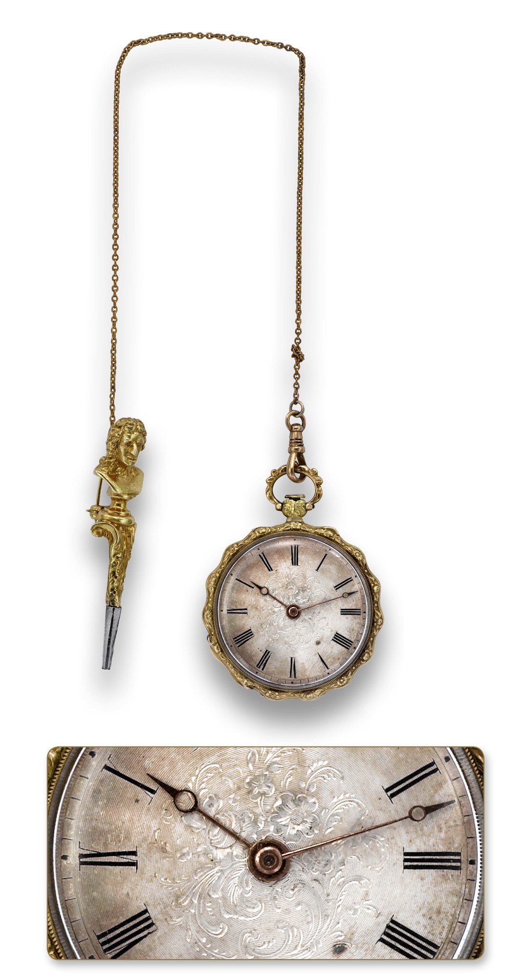 SWISS PENDANT WATCH WITH KEY
Swiss. No.2063, case numbered 62063. Made circa 1860.
Fine, decoratively engraved 18K gold, open-face pendant
watch with gold key featuring the bust of a gentleman.