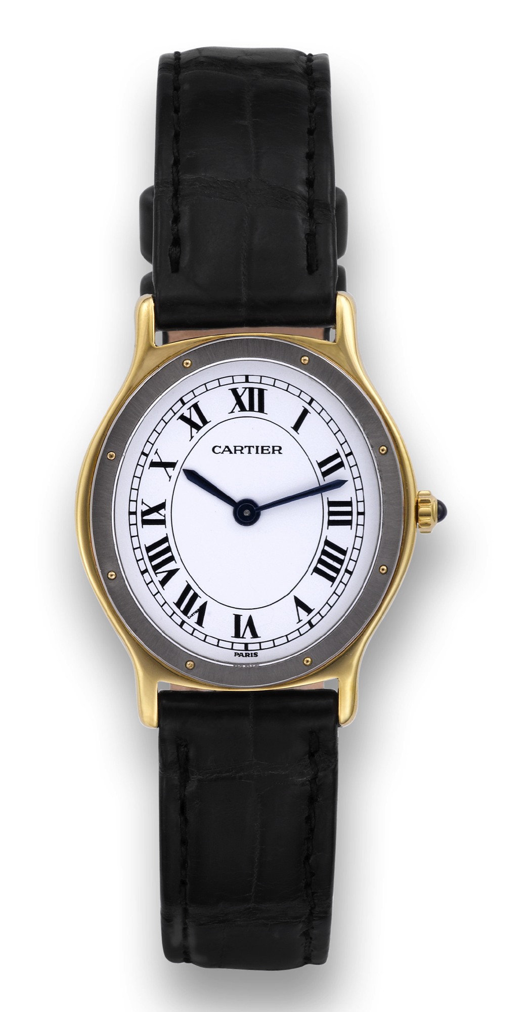 CARTIER SANTOS OVAL YELLOW AND WHITE GOLD
Cartier, Paris, Santos, No. 960600131. Made in the 1990's.
Fine, oval-shaped, 18K yellow gold wristwatch.